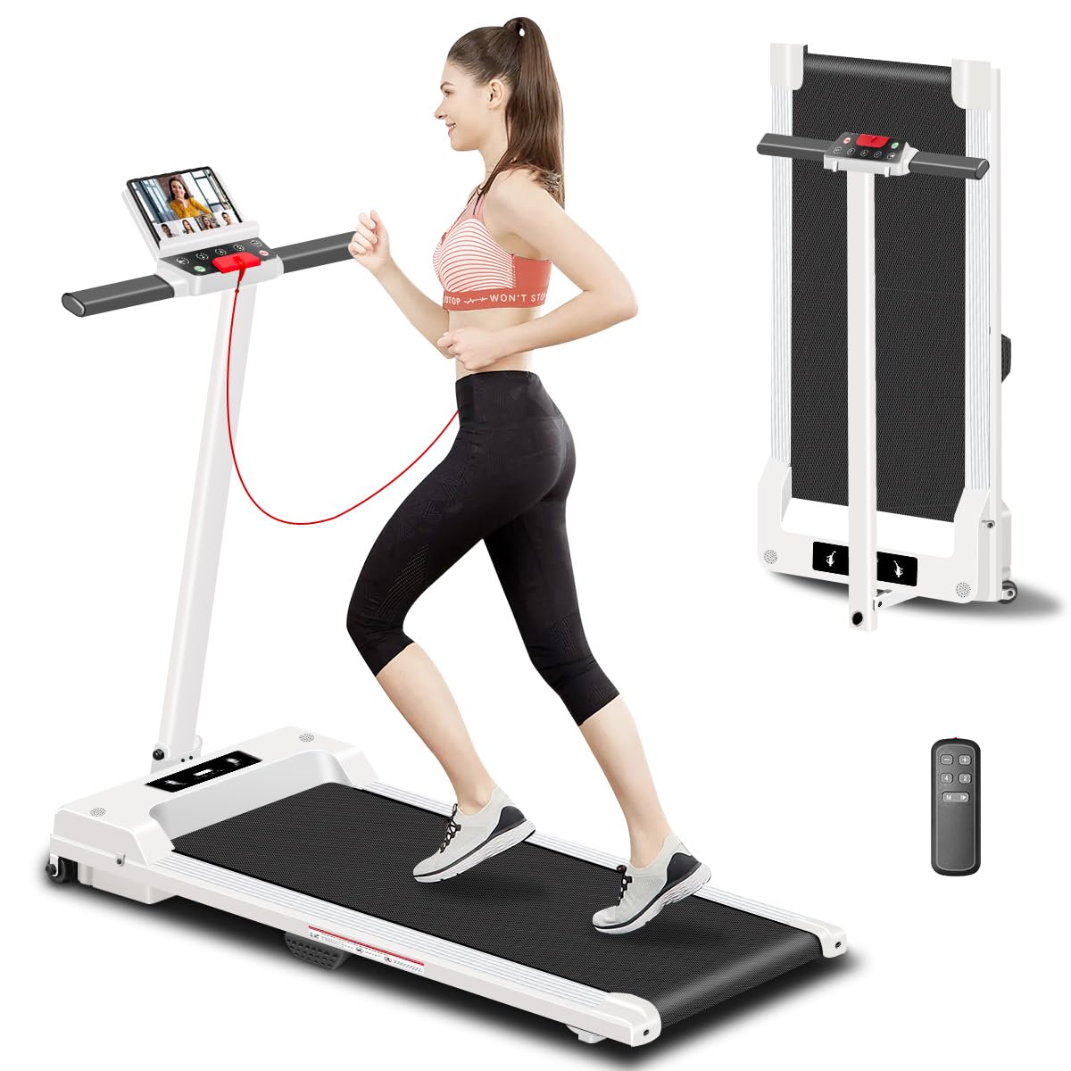 Compact Folding Treadmill for Home Use - 300 lb Capacity Portable Walking Pad with Handle Bar & Remote Control - Perfect for Home Office, Small Spaces & Under Desk Workouts (White)