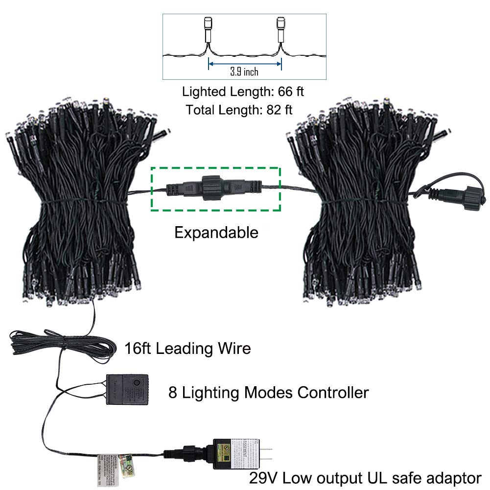 Twinkle Star 66ft 200 LED Christmas Lights Outdoor Waterproof, Warm White Christmas Tree Lights Indoor/Outdoor with 8 Lighting Modes, Plug-in Fairy String Lights with Green Wire - Perfect for Xmas Decorations, Wedding Party, Garden, Patio, and Home Holiday Lighting