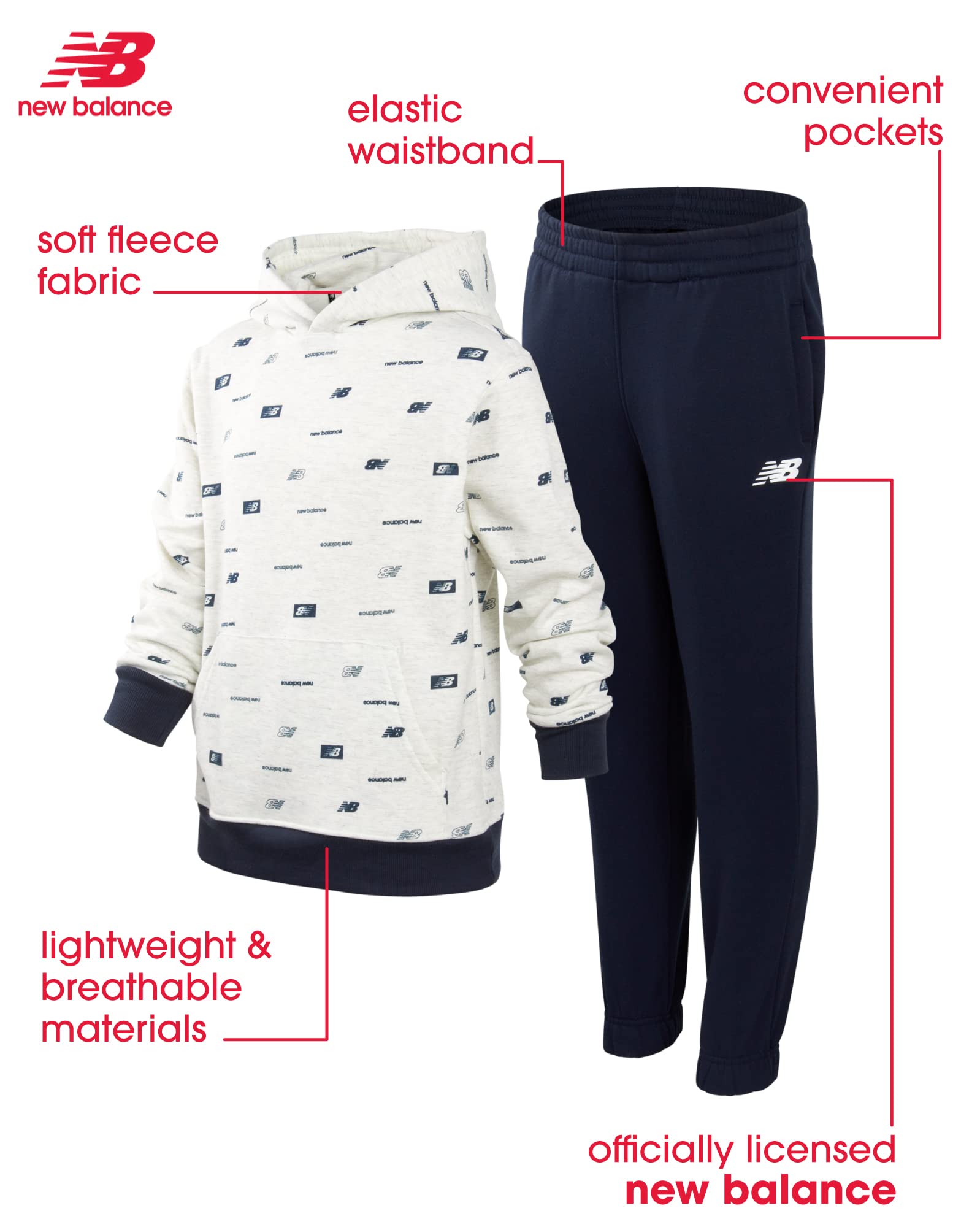 New Balance Boys' 2-Piece Fleece Sweatsuit Set - Warm Pullover Hoodie & Comfortable Sweatpants (Sizes 4-20) for School, Sports & Casual Wear