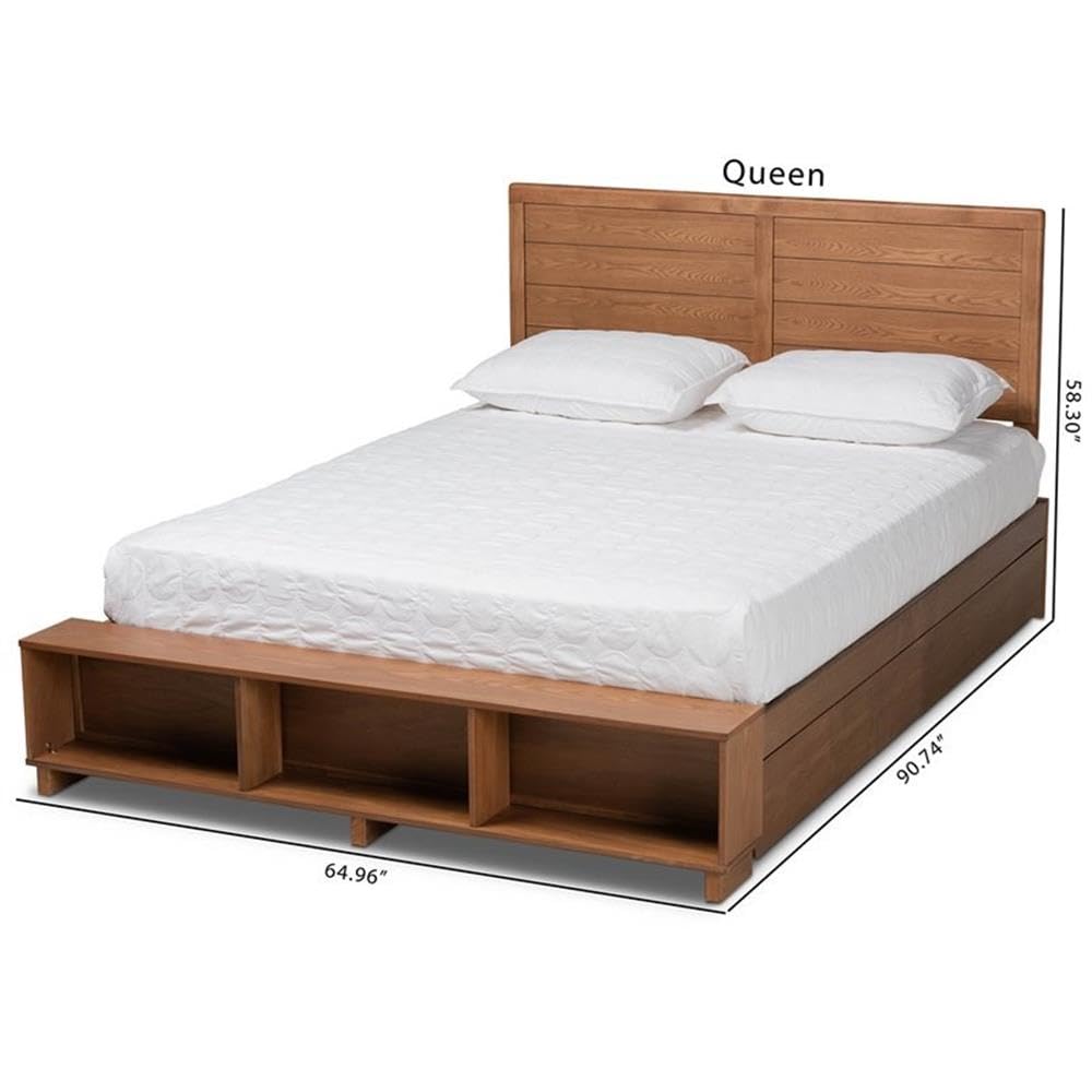 BOWERY HILL Solid Brown Wood Queen Size 4-Drawer Storage Platform Bed with Shelves - Modern Bedroom Furniture for Space Saving and Organization