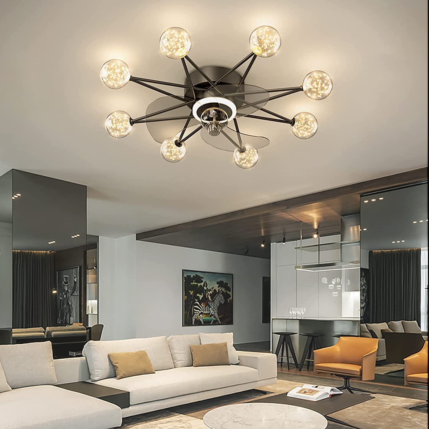 Modern 8-Light Ceiling Fan with Remote Control - DC Motor, Stealth Reversible 3 Blades, Dimmable Chandelier Lighting - 6 Speed Adjustable for Bedroom, Living Room, Nursery (Black, Size A) - Perfect for Home Cooling and Stylish Interior Decor