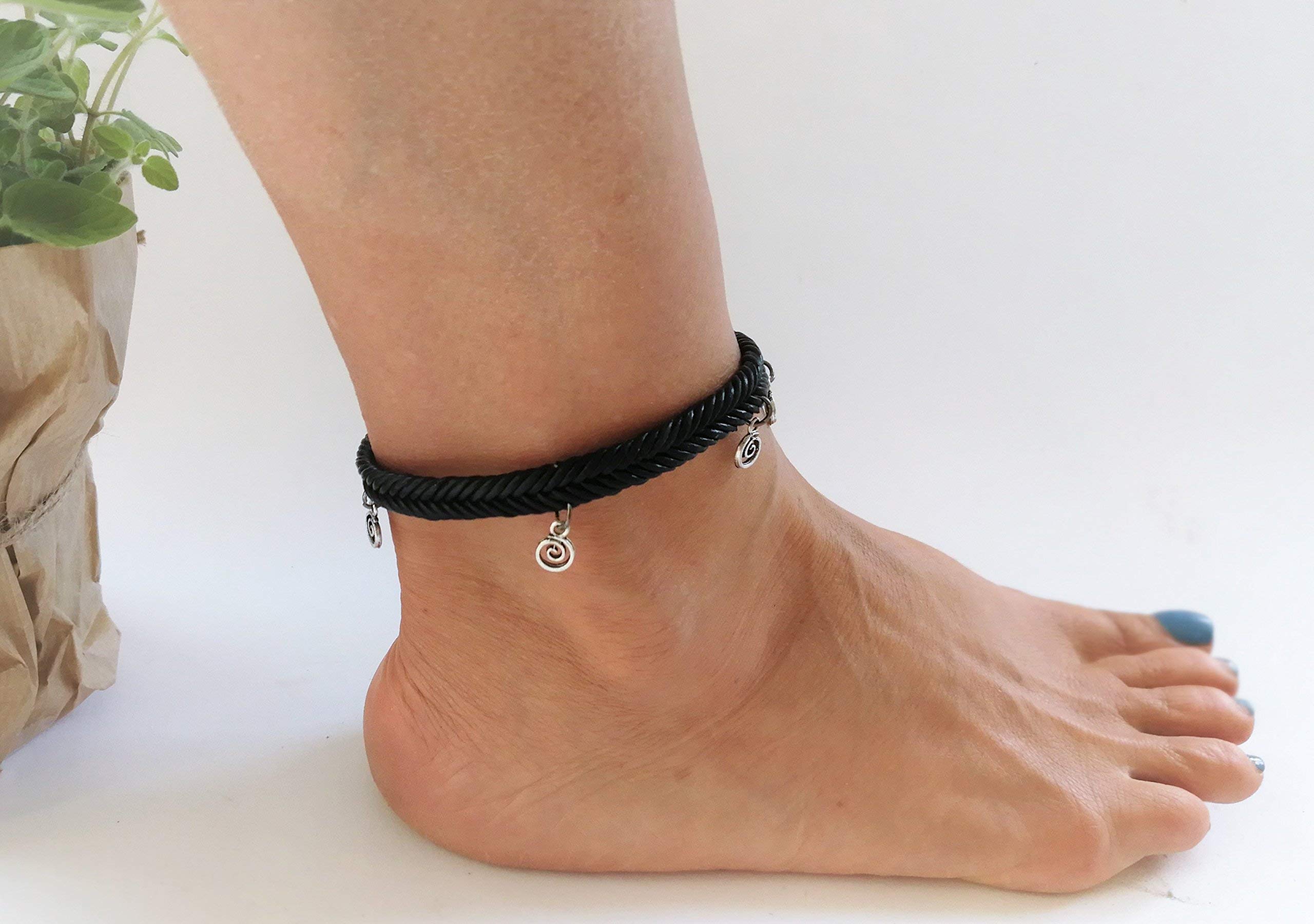 Braided Black Leather Anklet for Women - Adjustable Ankle Wrap Bracelet with Spiral Charms | Boho Jewelry for Summer, Beach, Festival & Everyday Wear