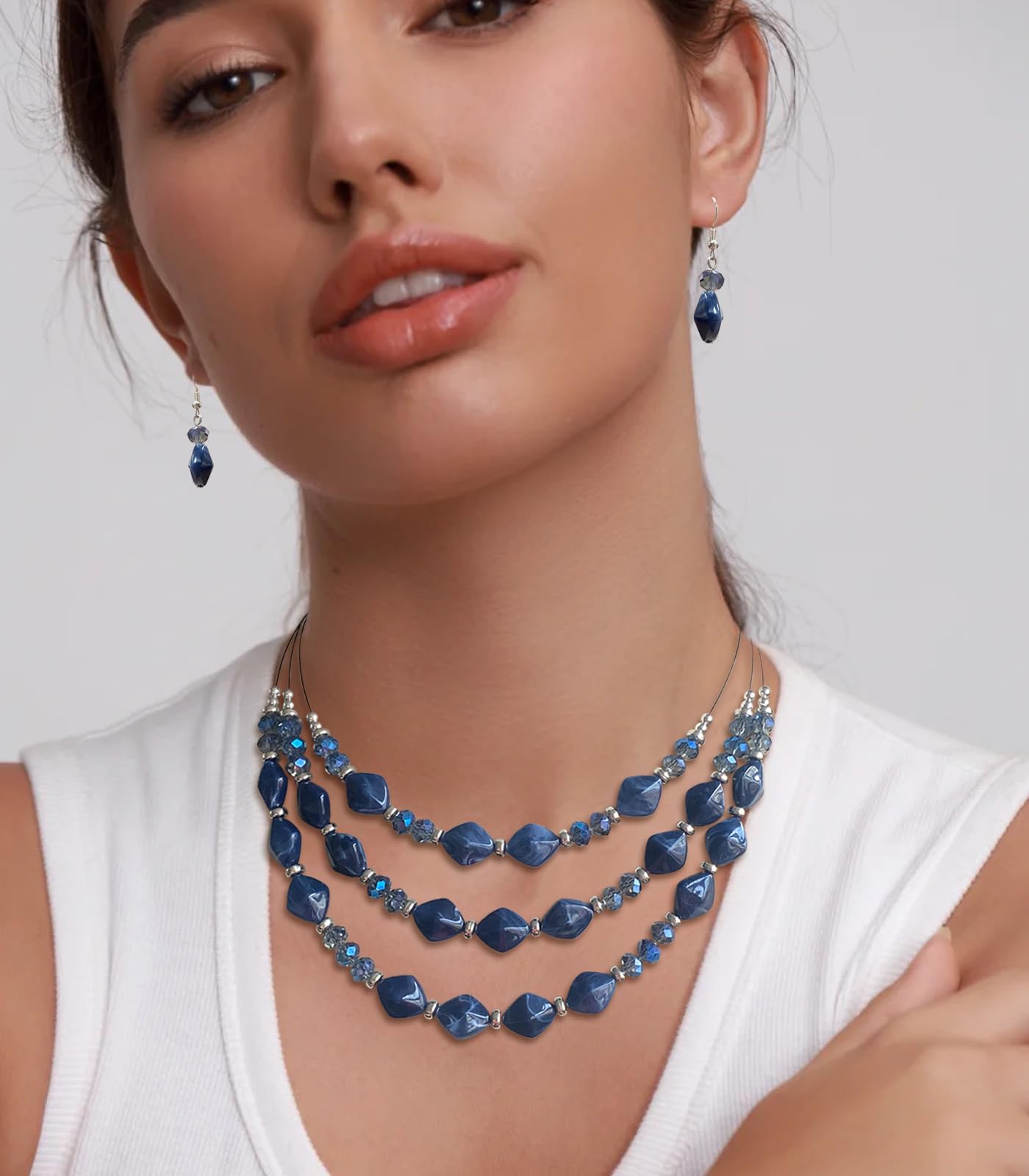3 Layered Chunky Statement Necklace for Women - Beaded Strand Necklace Set with Matching Earrings - Boho Fashion Jewelry - Perfect Gift for Her - Great for Parties, Weddings & Date Nights