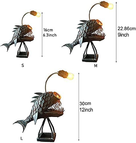 CAFELE Rustic USB Angler Fish Night Light - Steampunk Style Table Lamp with Realistic Flickering LED Flame Bulbs, Handcrafted Home Office Decor for Bedroom, Gaming Room & Dorm (5xin)
