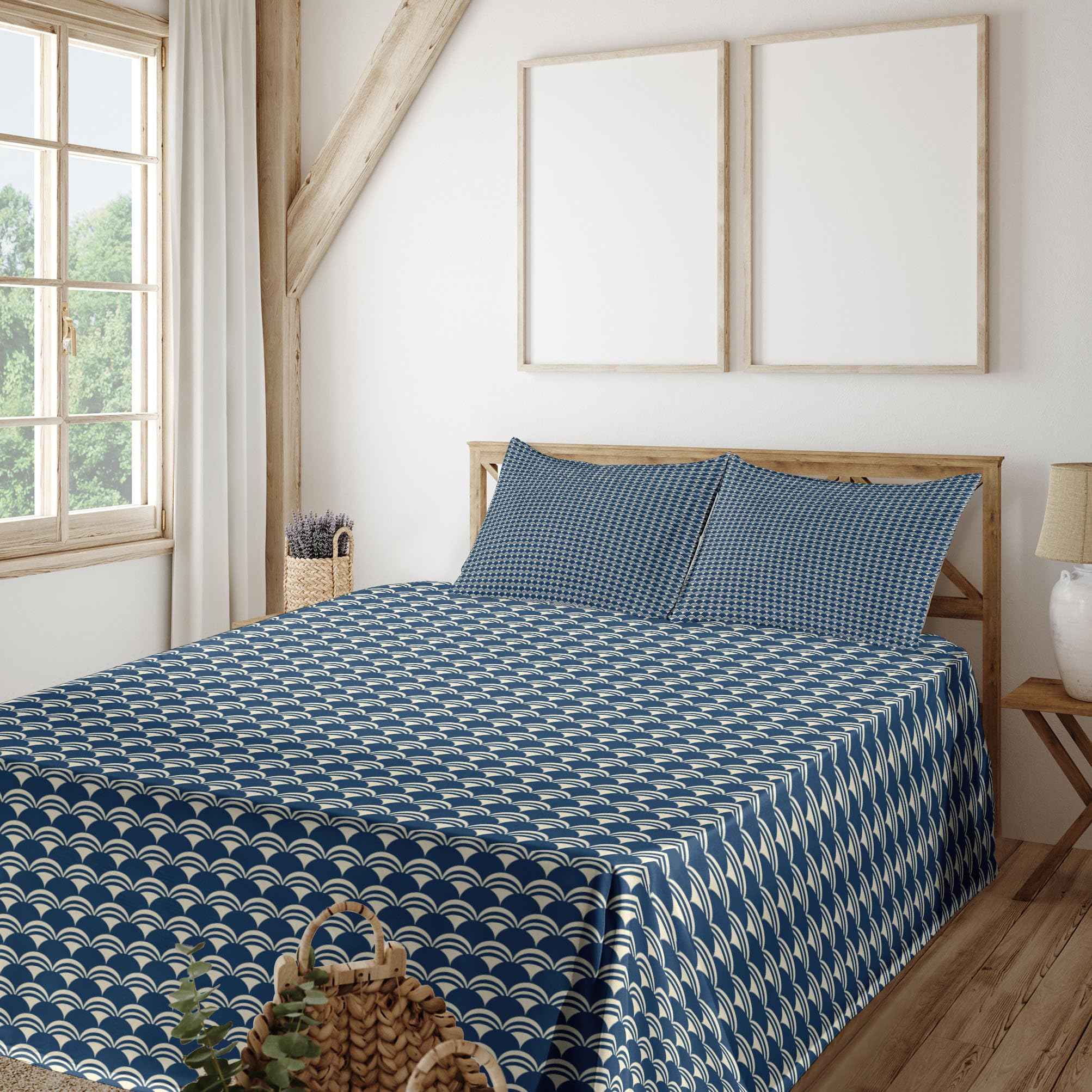 Ambesonne Abstract Japanese Folk Inspired Sheet Set - King Size 4 Piece Bedding Set with Fitted Sheet, Flat Sheet & Pillowcases - Night Blue Eggshell with Dichromatic Semicircle Design - Perfect for Modern Bedrooms, Guest Rooms & Dorm Decor