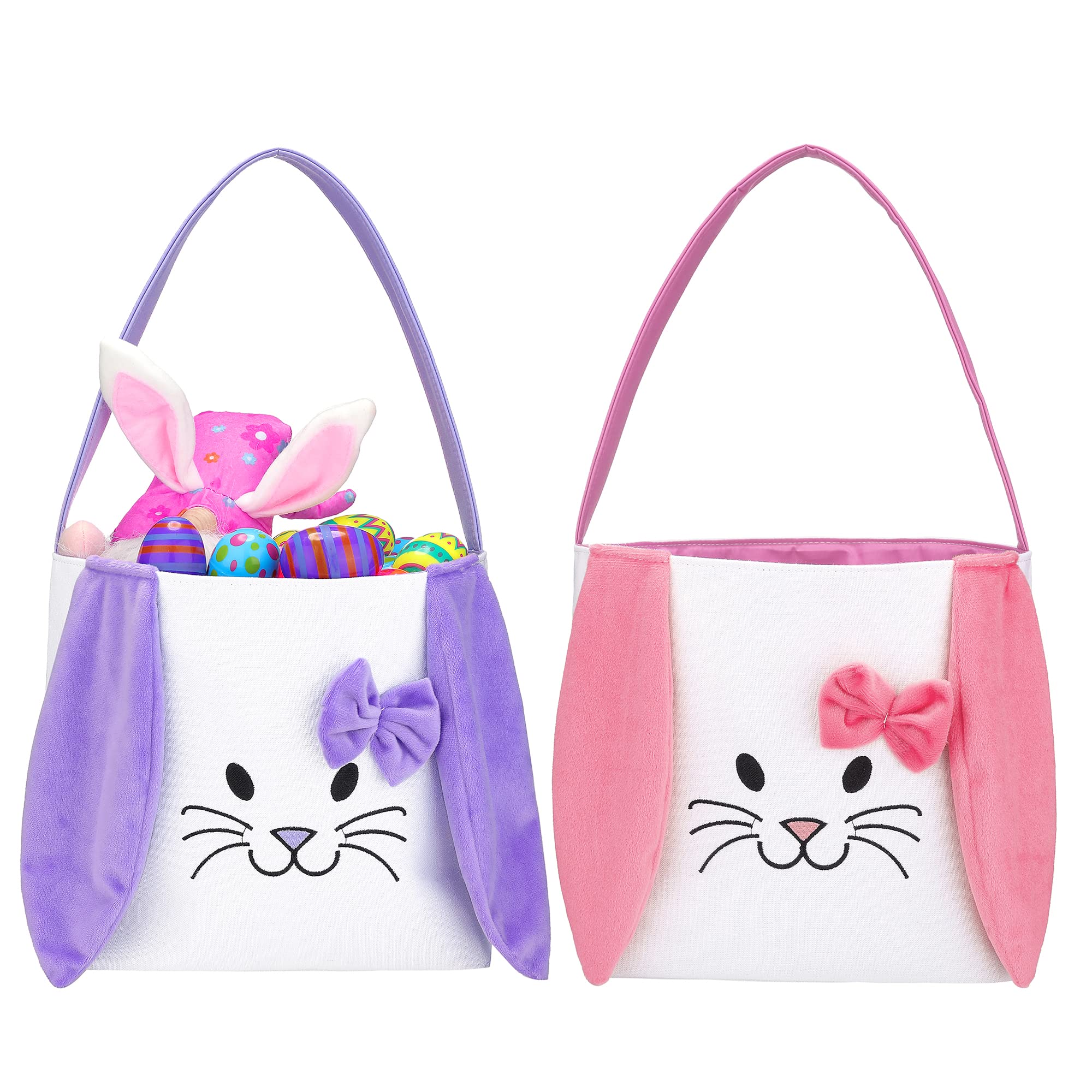 Easter Baskets for Kids - Cute Bunny Printed Canvas Easter Egg Hunt Baskets for Boys and Girls, Baby Gift Basket with Handle - Easter Party Decorations & Supplies (Pink & Purple) - Perfect for Easter Egg Hunts, Birthday Gifts & Spring Decor