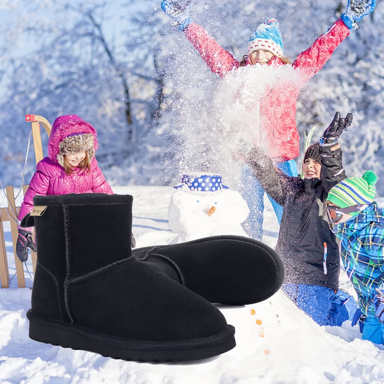 FANTURE Kids Snow Boots for Boys & Girls - Warm Winter Boots with Cow Suede & Faux Fur Lining | Durable Waterproof Shoes for Little & Big Kids | Perfect for Snow Play, Sledding & Cold Weather Activities