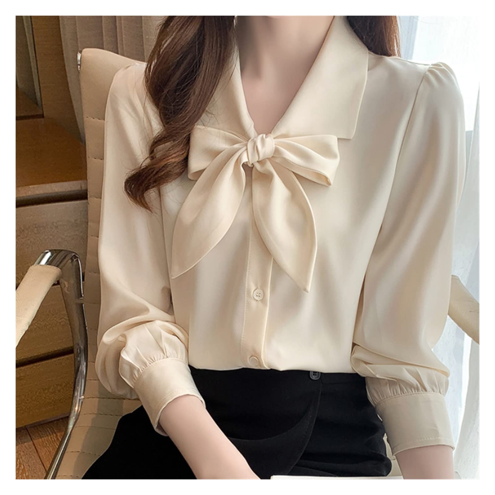 French Vintage Long Sleeve Chiffon Blouse for Women - V-Neck Bow Detail Lantern Sleeve Spring Top (Color A, Size S) - Perfect for Office Wear, Date Night & Special Occasions