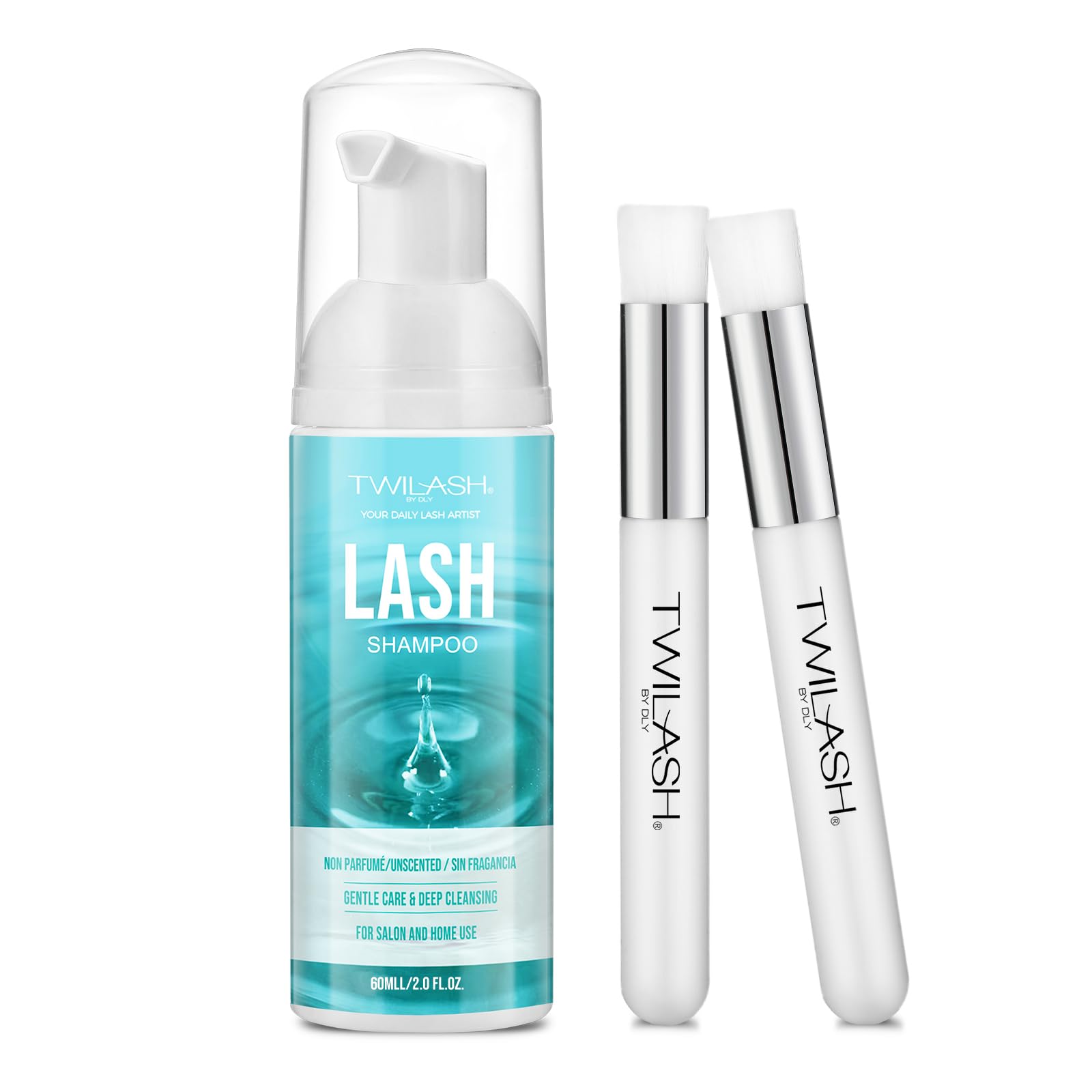 Unscented Eyelash Extension Shampoo - 2 Fl Oz (60ml) with 2 Cleansing Brushes - Professional & Home Use Lash Cleanser for Safe Daily Cleaning & Salon Care