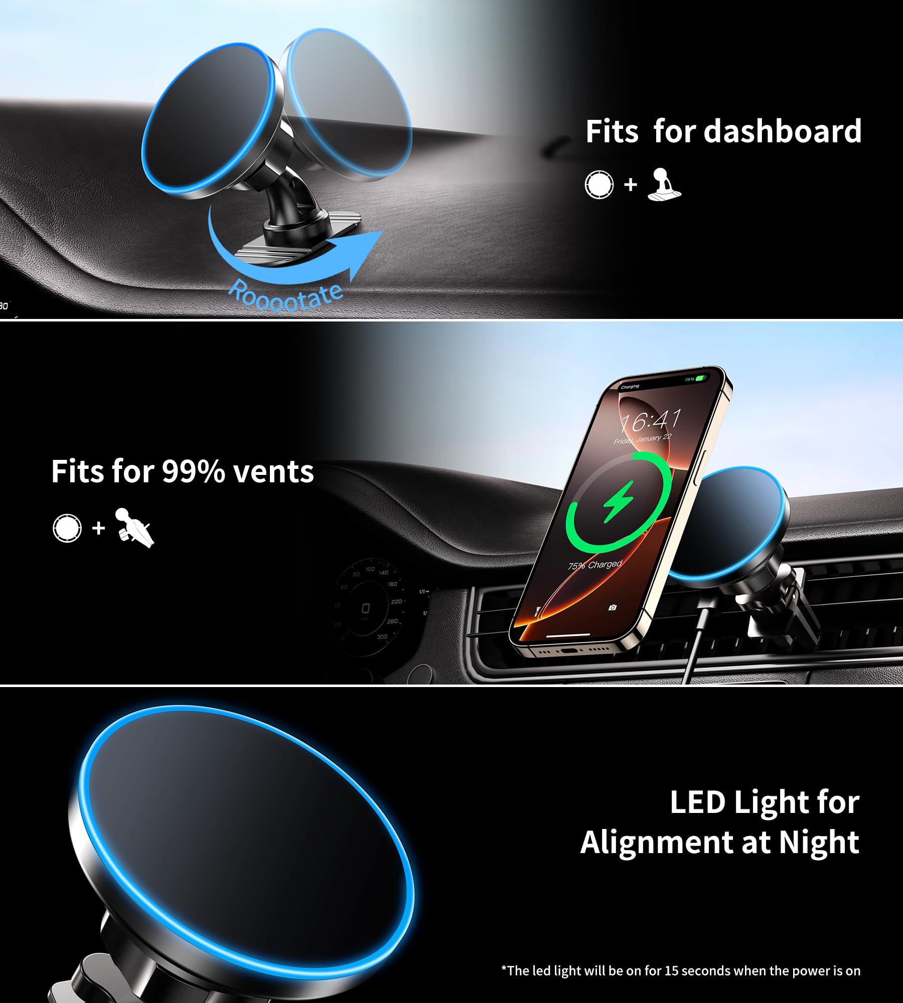 BHHB 15W MagSafe Car Mount Charger - Magnetic Phone Holder for iPhone 16/15/14/13/12 Series - Fast Wireless Charging for Car Vent & Dashboard - Perfect for Commuting, Road Trips & Hands-Free Driving
