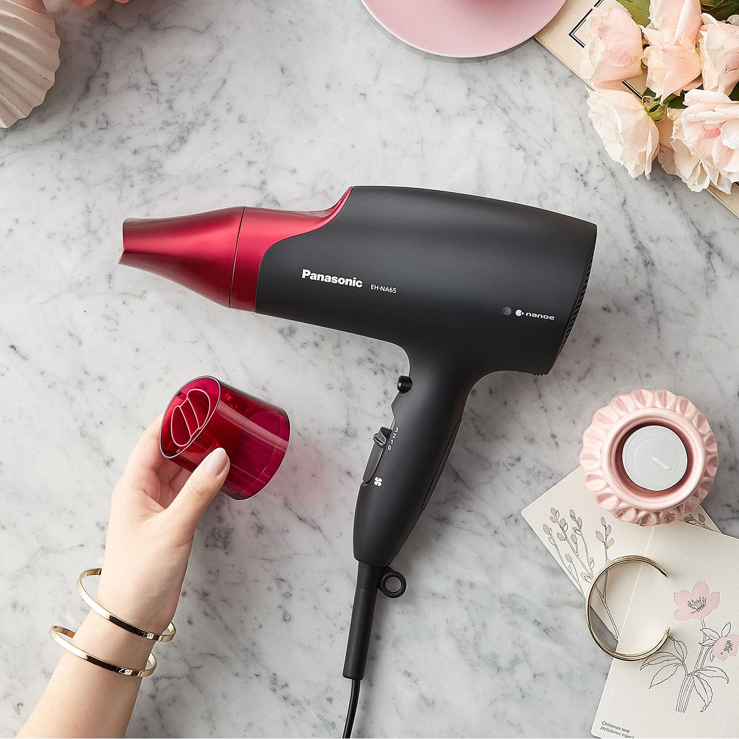 Panasonic EH-NA65-K Nanoe Hair Dryer 1875W - Professional Blow Dryer for Smooth & Shiny Hair with 3 Attachments (Quick Dry Nozzle, Diffuser, Concentrator) - Fast Drying for Home, Salon & Travel Use - Black/Pink