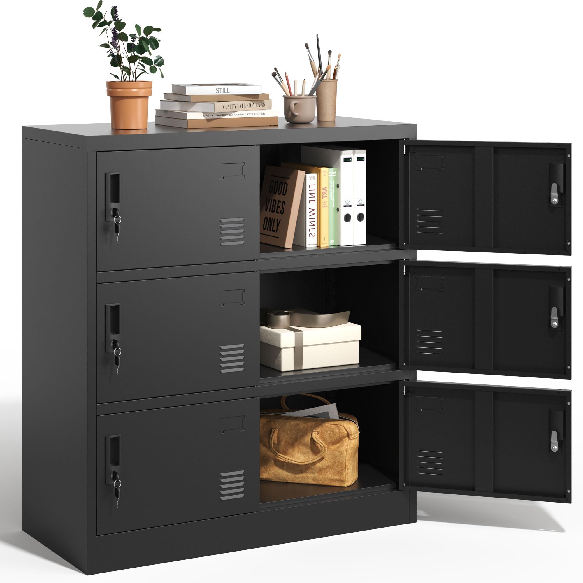 6-Door Employee Storage Locker - Heavy Duty Metal Office & Gym Lockers with Card Slot - Perfect for Home, School & Workplace Organization (Black)