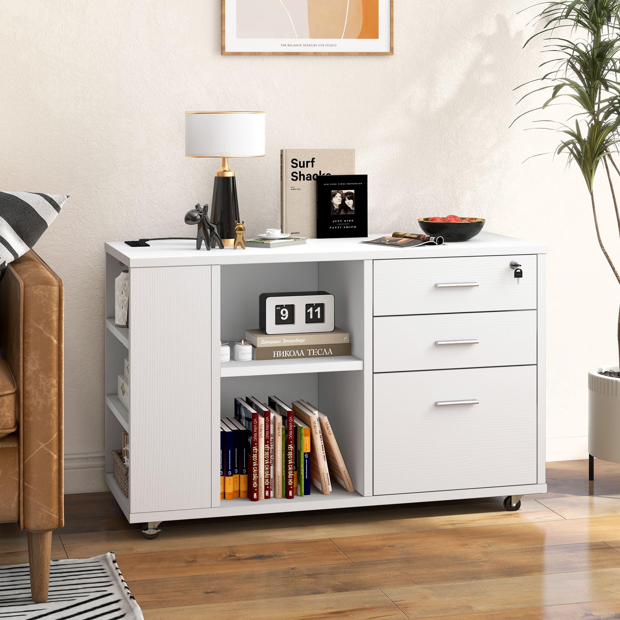 DWVO 3-Drawer Mobile File Cabinet with USB Charging Station & Lock - Lateral Office Storage Cabinet, Printer Stand with Open Shelf for Home Office Organization (White) - Perfect for Small Spaces & Home Office Storage Solutions