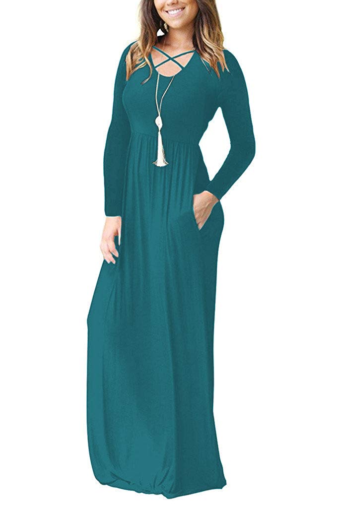 LILBETTER Women's Long Sleeve Loose Plain Maxi Dress with Pockets - Casual Elegant Flowy Midi Dress for Everyday Wear, Date Night & Vacation Outfits