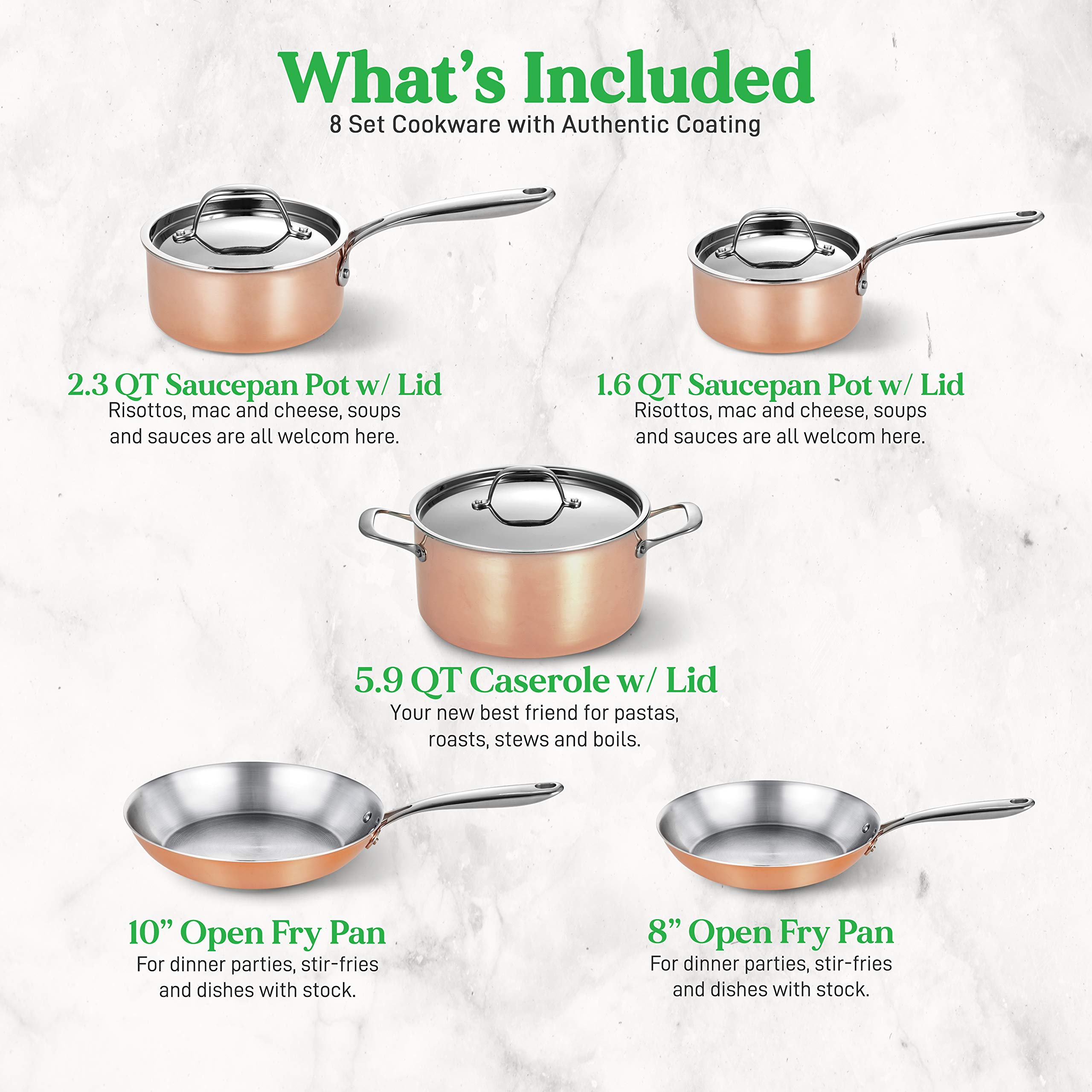 NutriChef 8-Piece Stainless Steel Cookware Set with Cast Iron Handles - Tri-Ply Copper Core for Even Heating - Includes Saucepan, Casserole, Frying Pan & Lids (NCCW8SS, White Silver) - Perfect for Home Cooking, Professional Kitchens & Gourmet Meal Preparation