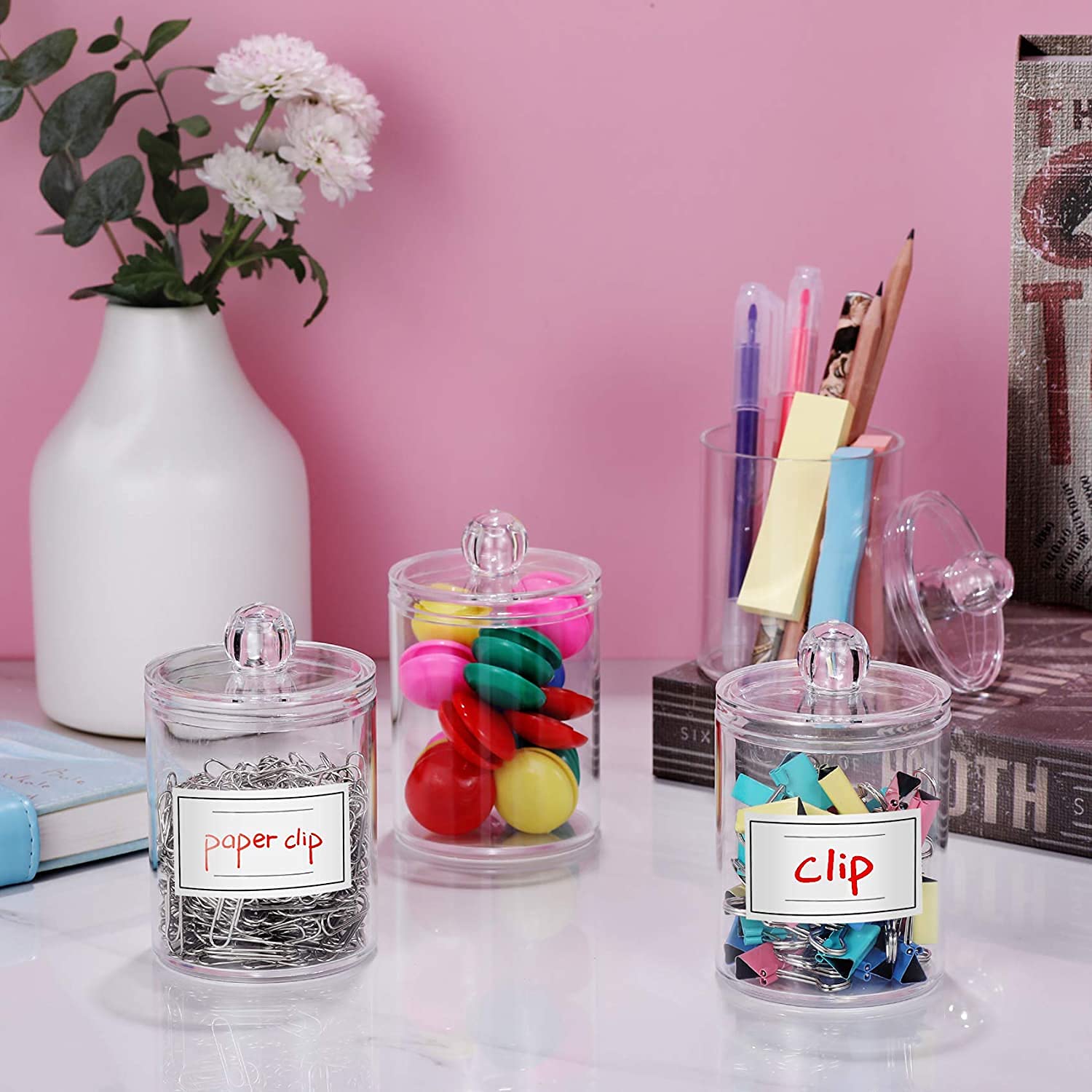 AOZITA 4-Pack Clear Plastic Apothecary Jars - 10 oz Cotton Ball Holder & Makeup Organizer for Bathroom Vanity, Cotton Pads, Swabs, Round Pads & Dental Floss Storage - Perfect for Home, Salon & Spa Organization