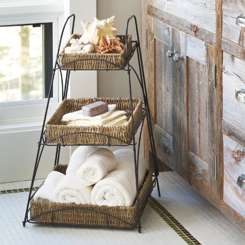 Lucky Clover Tristan Triple Tiered Square Display Stand with Handwoven Seagrass Baskets - Rustic Home Decor for Bathroom, Kitchen, or Living Room Organization