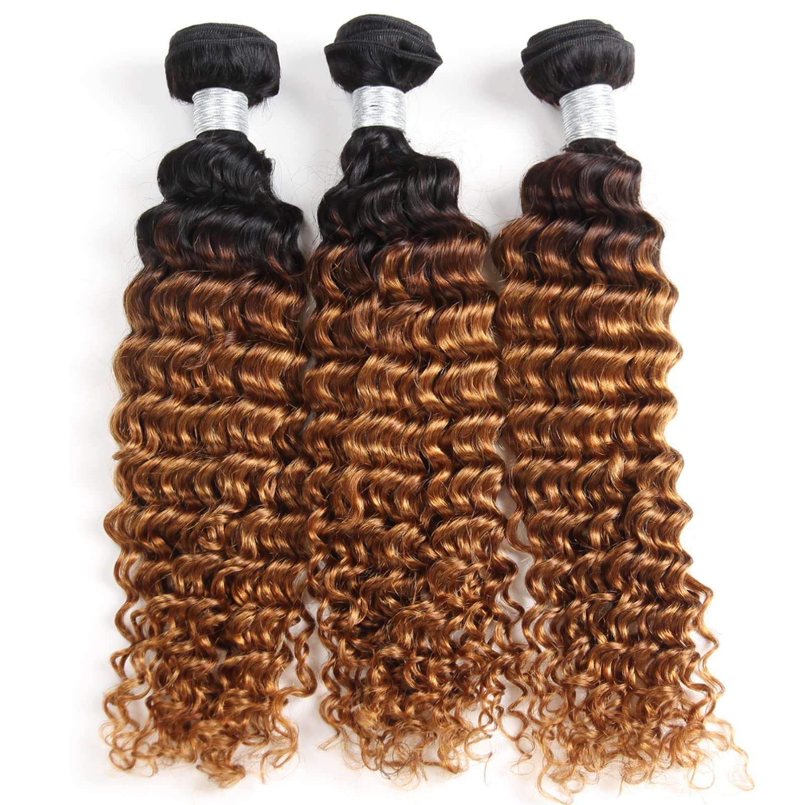 Ombre Deep Wave 4 Bundles Human Hair Extensions - 100% Real Human Hair Curly Bundles (18/18/18/18 Inch, 1B/30 Deep) - Perfect for Wet & Wavy Hairstyles, Daily Wear & Special Occasions