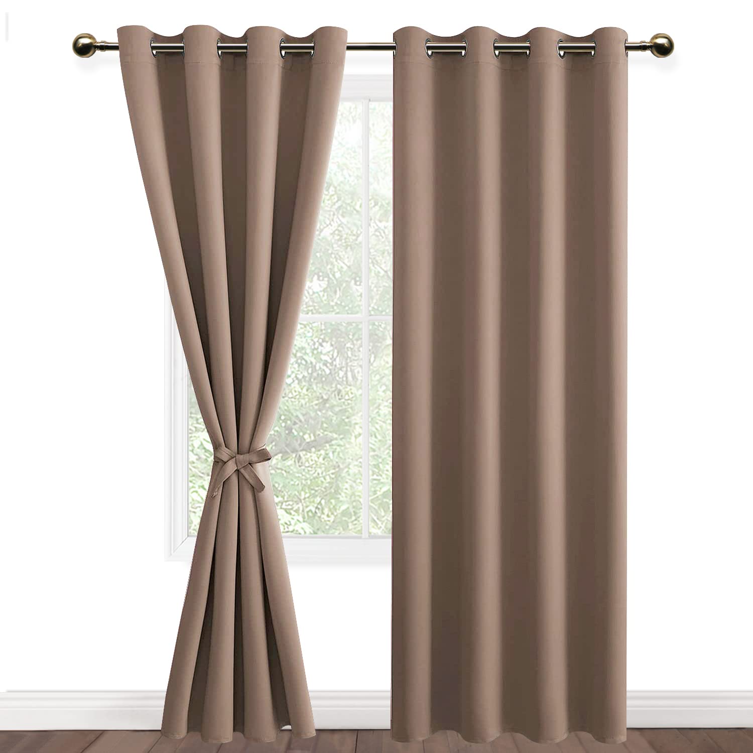 DWCN Blackout Curtains for Bedroom & Living Room - Thermal Insulated Room Darkening Window Drapes with Grommet Top & Tiebacks, 52x96 Inch, Cappuccino (Set of 2 Panels) - Perfect for Night Shift Workers, Home Theaters & Light-Sensitive Sleepers