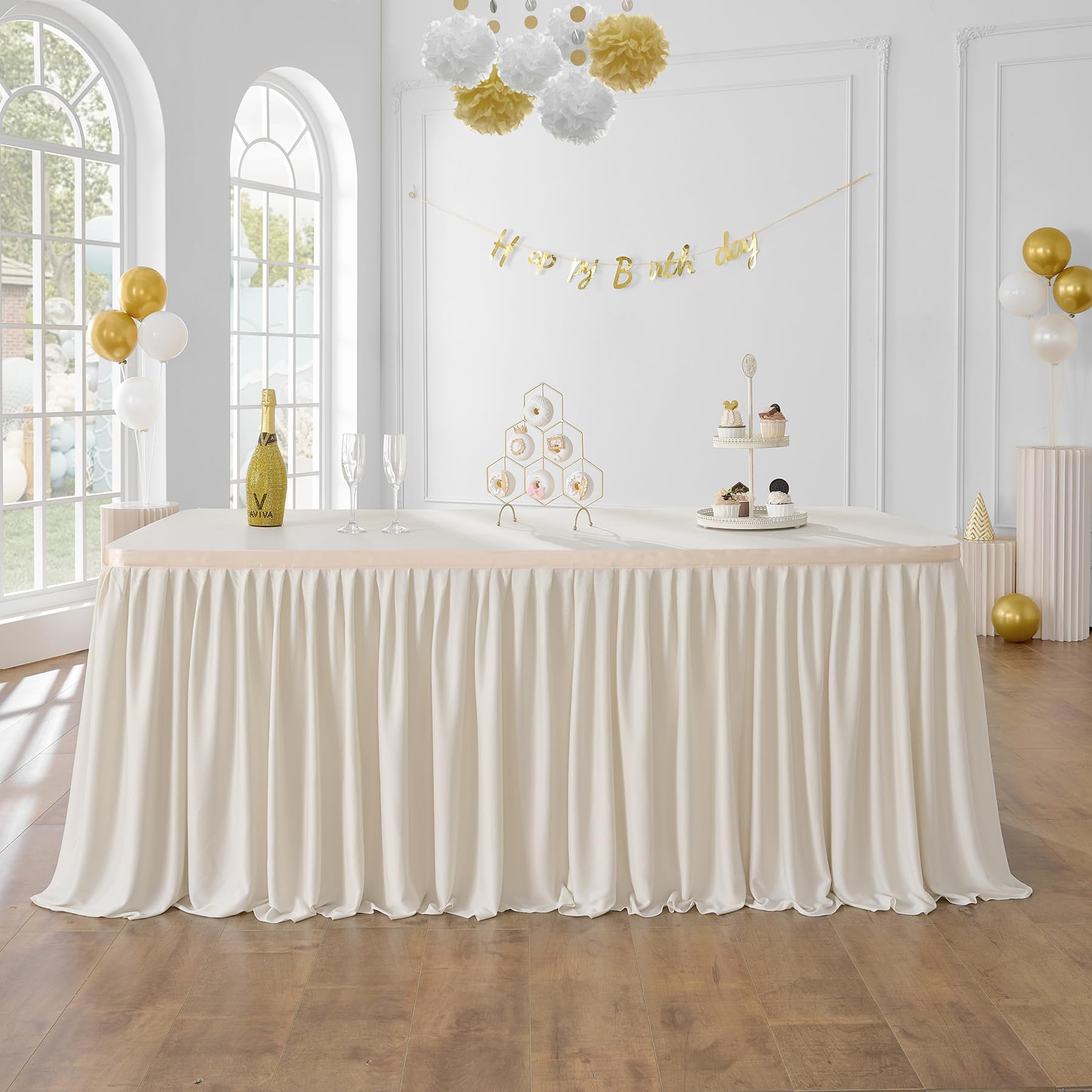 Leegleri 14ft Beige Pleated Table Skirt - Spandex Polyester Rectangle Table Cover for Weddings, Baby Showers & Birthday Parties | Perfect for Gender Reveals, Dessert Tables & Cake Displays