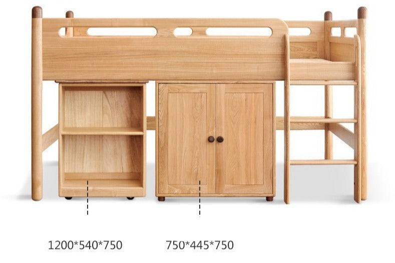 Solid Oak Wood Mid-High Bed with Slanted Ladder - Sturdy Adult Loft Bed for Small Spaces, Dorm Rooms & Modern Apartments