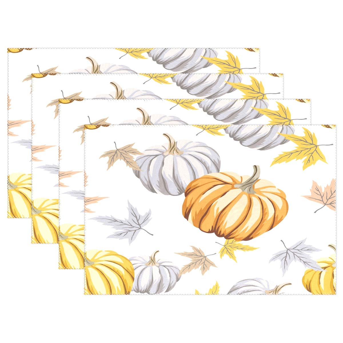 MOYYO Heat Resistant Non-Slip Polyester Placemats - Set of 4 Gray Pumpkin & Autumn Leaves Design, Washable & Easy Clean for Dining Table, Kitchen Decor | Perfect for Fall Thanksgiving Dinner & Holiday Table Setting