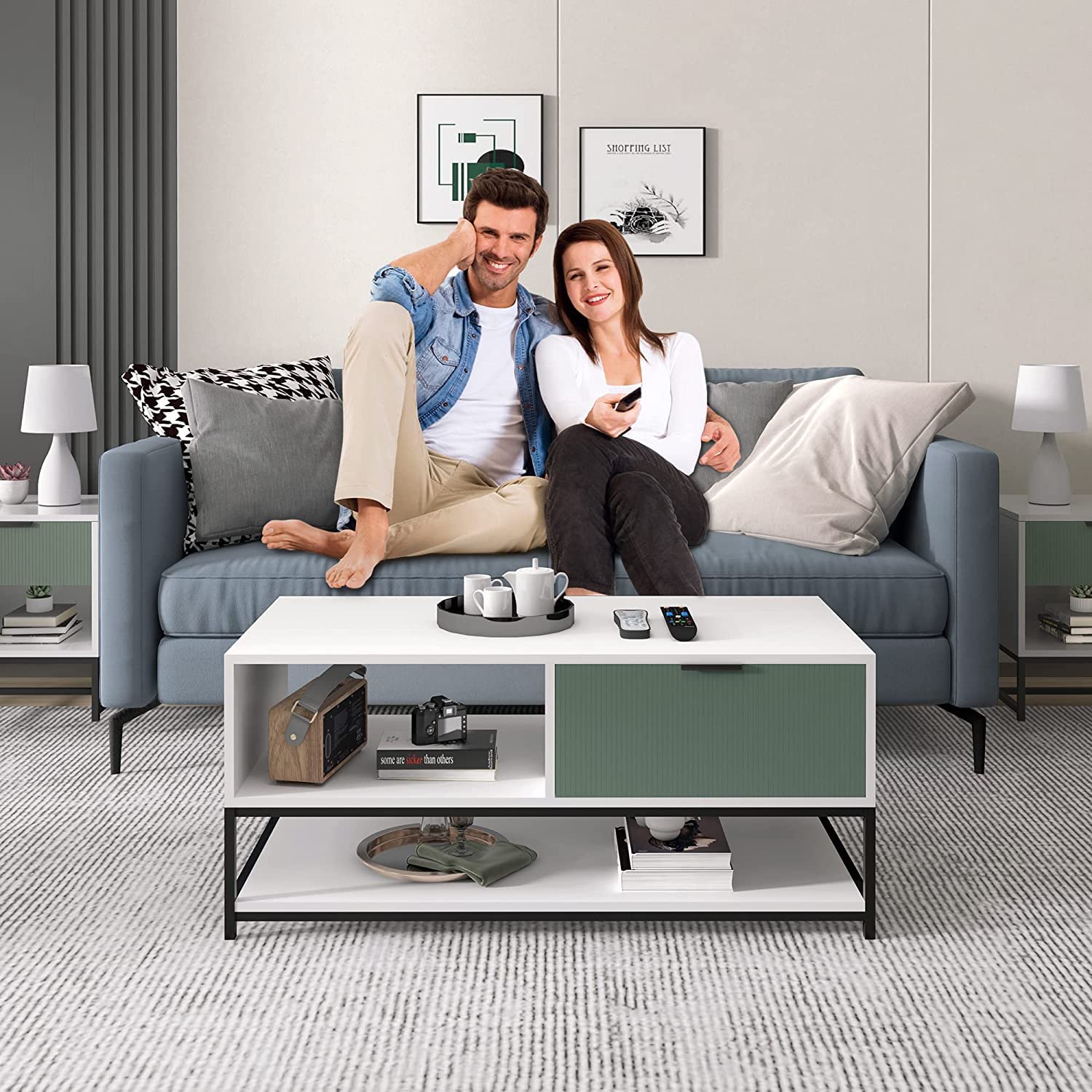 Watson White & Green Wood Coffee Table with Steel Frame, Shelves & Drawer - Modern Living Room Furniture for Small Spaces, Apartments & Home Decor