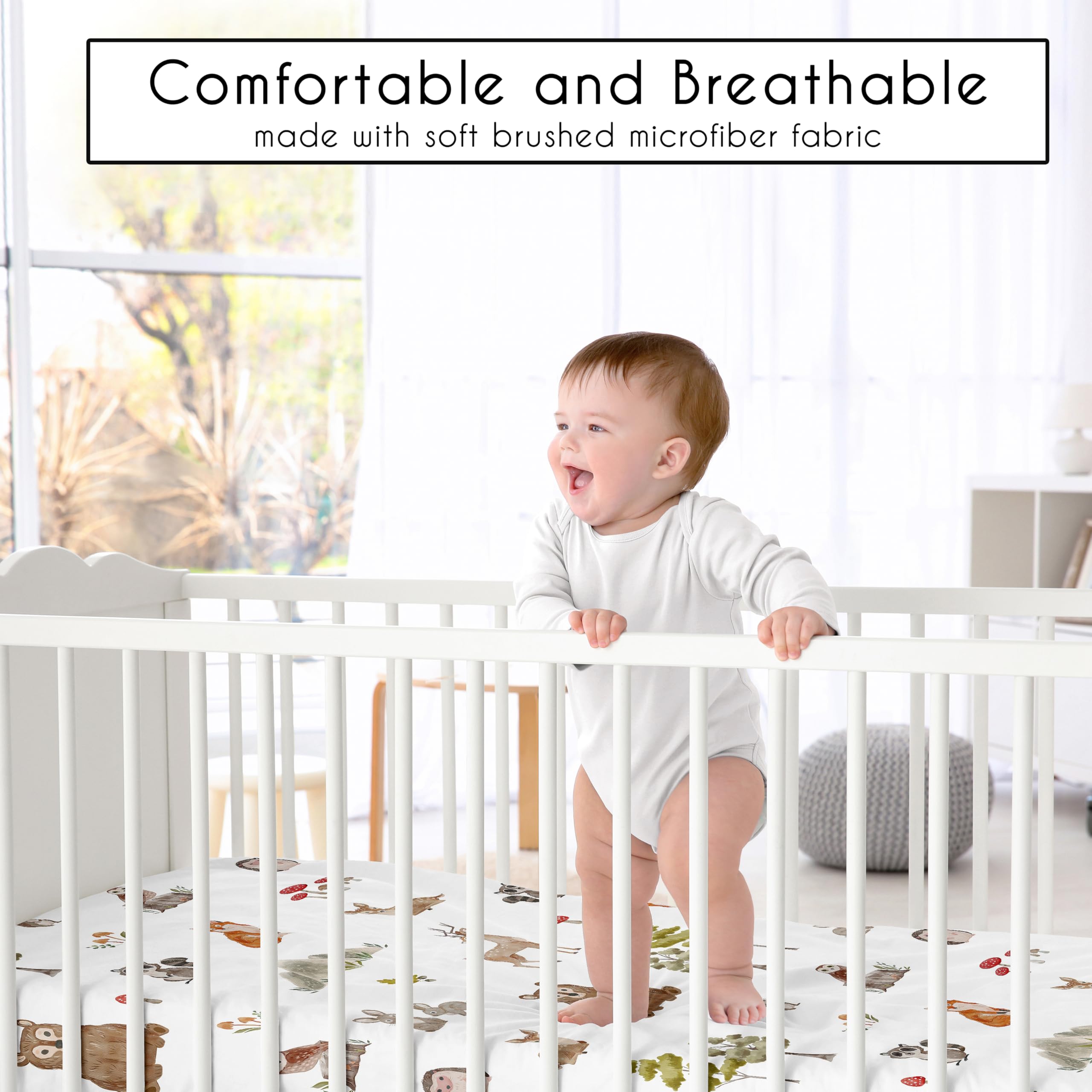 Sweet Jojo Designs 4-Piece Baby Crib Bedding Set - Woodland Animals Nursery Set for Boys & Girls (Blanket, Fitted Sheet, Skirt, Diaper Stacker) | Neutral Forest Theme with Bear & Hedgehog | Perfect for Newborn Nursery Decor & Baby Shower Gifts