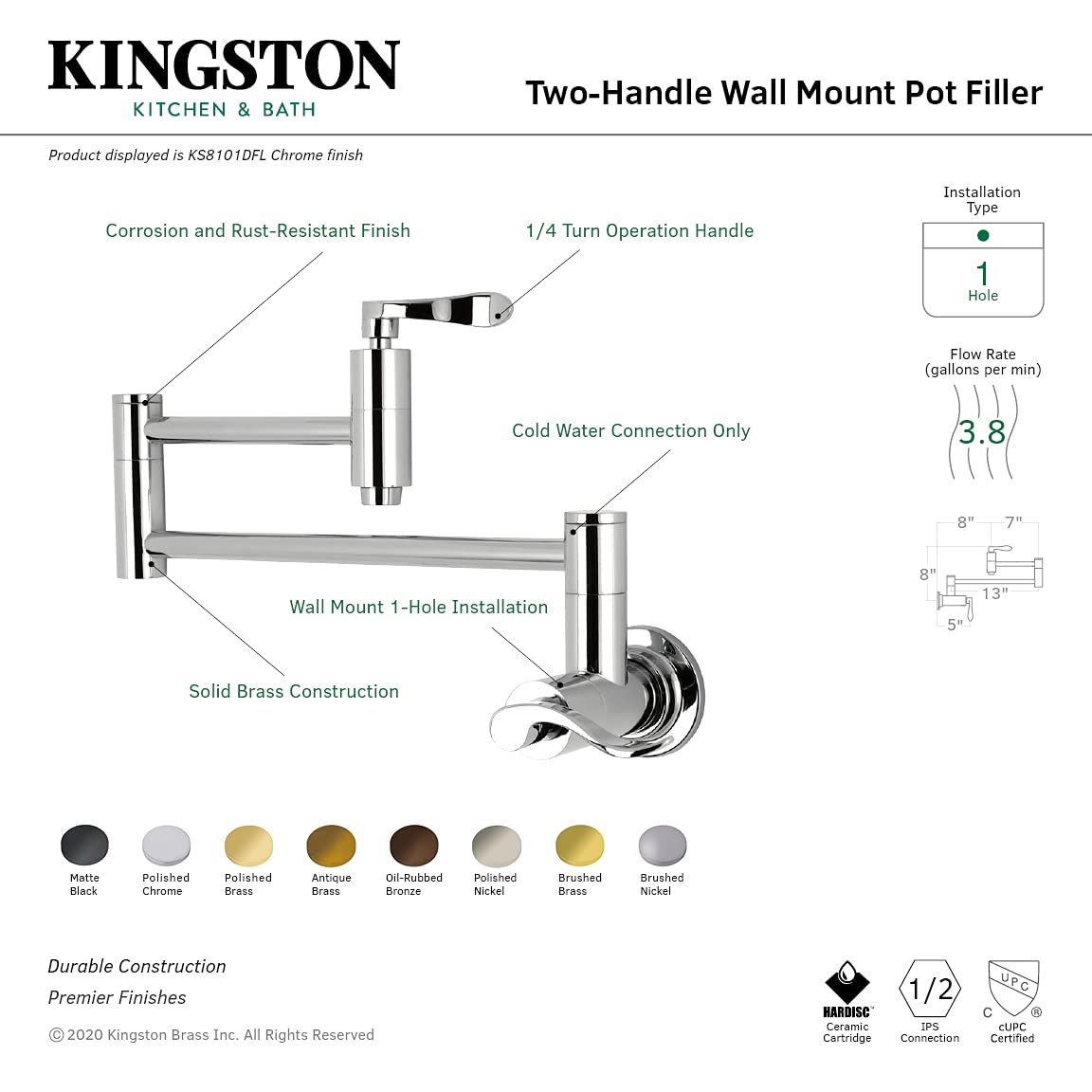 Kingston Brass KS8105DFL NuWave Pot Filler Faucet - 13 Inch Oil Rubbed Bronze - Perfect for Kitchen Sink, Stove & Cooking Area