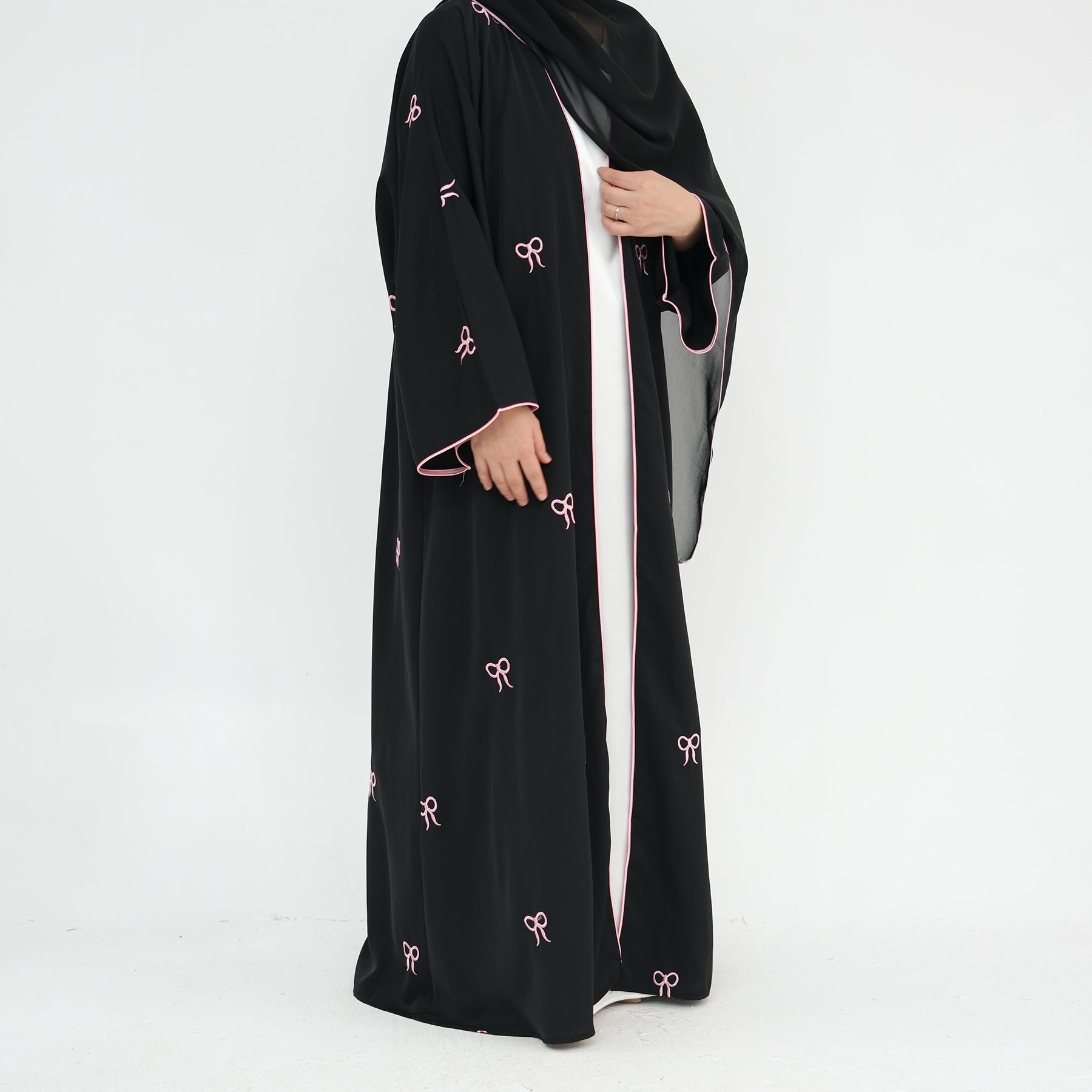 Elegant Iona Bowtie Open Abaya Kimono Set - Black | Modest Muslim Fashion for Women | Perfect for Prayer, Eid, and Special Occasions