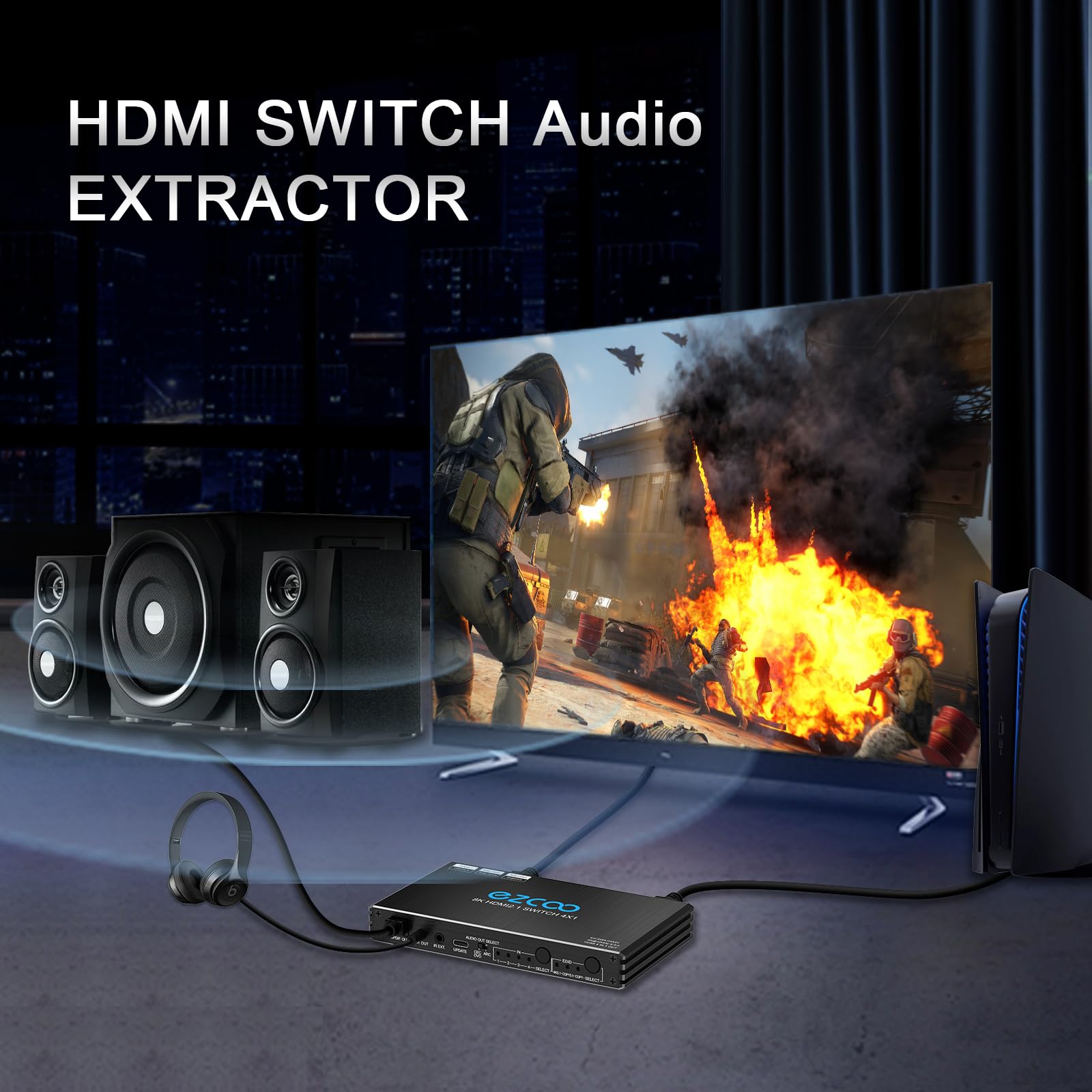 4K@120Hz HDMI 2.1 Switch 4 in 1 Out with Audio Extractor & IR Remote - HDCP 2.3, ARC, CEC, VRR, ALLM - Supports HDR10, 3D, Dolby Atmos - Compatible with TV, PS5, Xbox, Fire Stick, Blu-ray, Projector for Home Theater & Gaming Setup