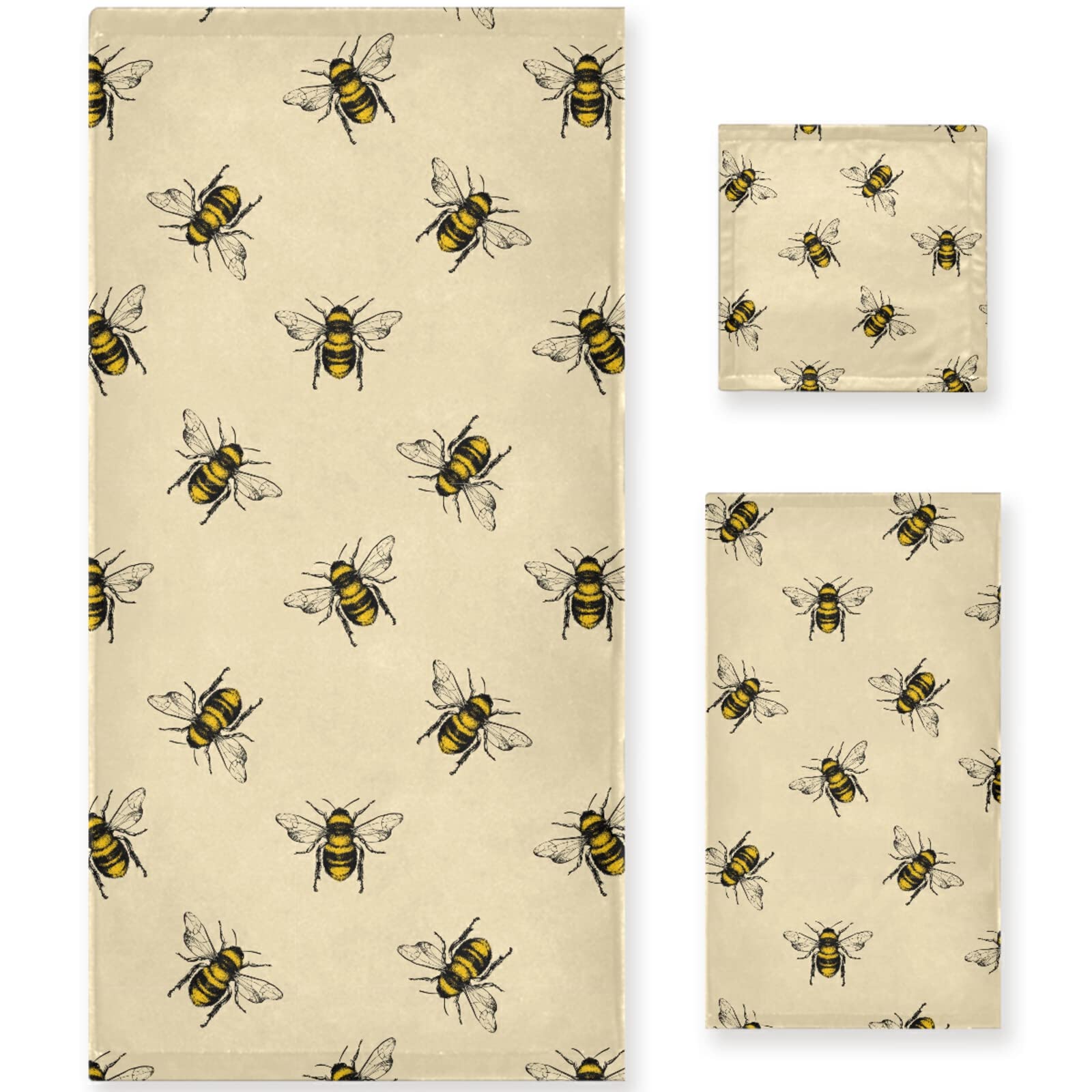 Soft Retro Little Bee Pattern 3-Piece Towel Set - 1 Bath Towel, 1 Hand Towel, 1 Washcloth | Absorbent & Decorative for Bathroom, Hotel, Kitchen, Spa, Beach | Perfect for Home Decor, Guest Bathrooms & Coastal Themed Spaces