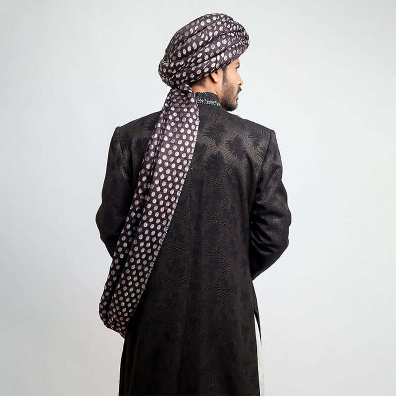 Elegant Black Jacquard Sherwani with Zardozi Embroidery - Slim Fit Indian Wedding Sherwani for Men | Perfect for Groom Outfits, Festive Celebrations & Special Occasions