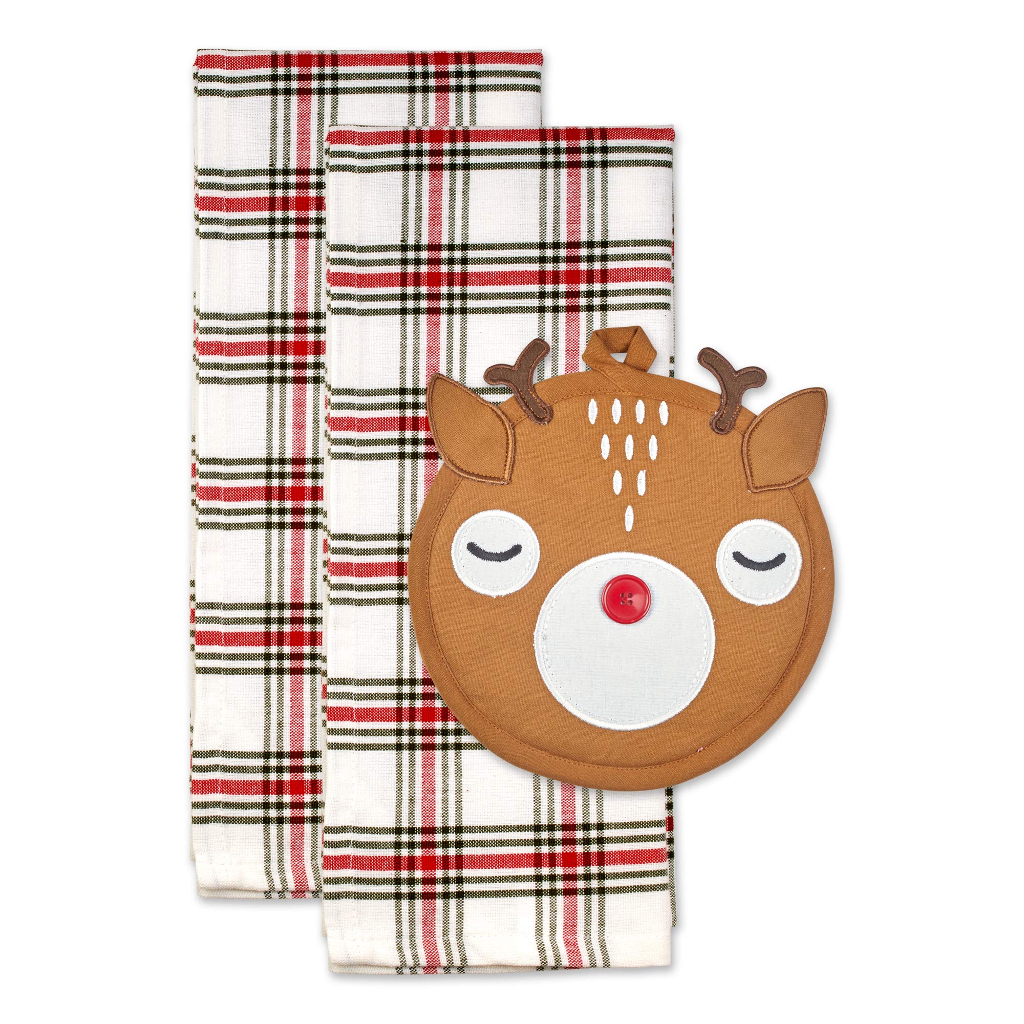 Christmas Kitchen Accessories & Décor Gift Set - 3-Piece Pot Holder & Dish Towels with Rudy Reindeer Design - Perfect for Holiday Cooking, Baking & Festive Home Decor