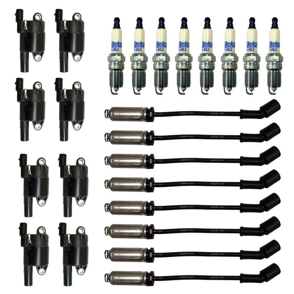 8 Herko B059 Ignition Coils + 8 OEM 41-962 Double Platinum Spark Plugs + 8 Herko Spark Plug Wires with Heat Shields – Complete Tune-Up Kit for Ford, Chevy, Dodge – Improve Engine Performance & Fuel Efficiency
