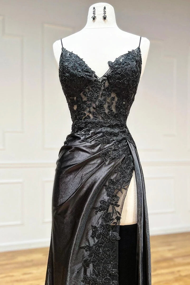 2025 Black Long Prom Dress with Lace V-Neck - Elegant A-Line Formal Gown with High Slit for Homecoming, Evening Party & Special Occasions