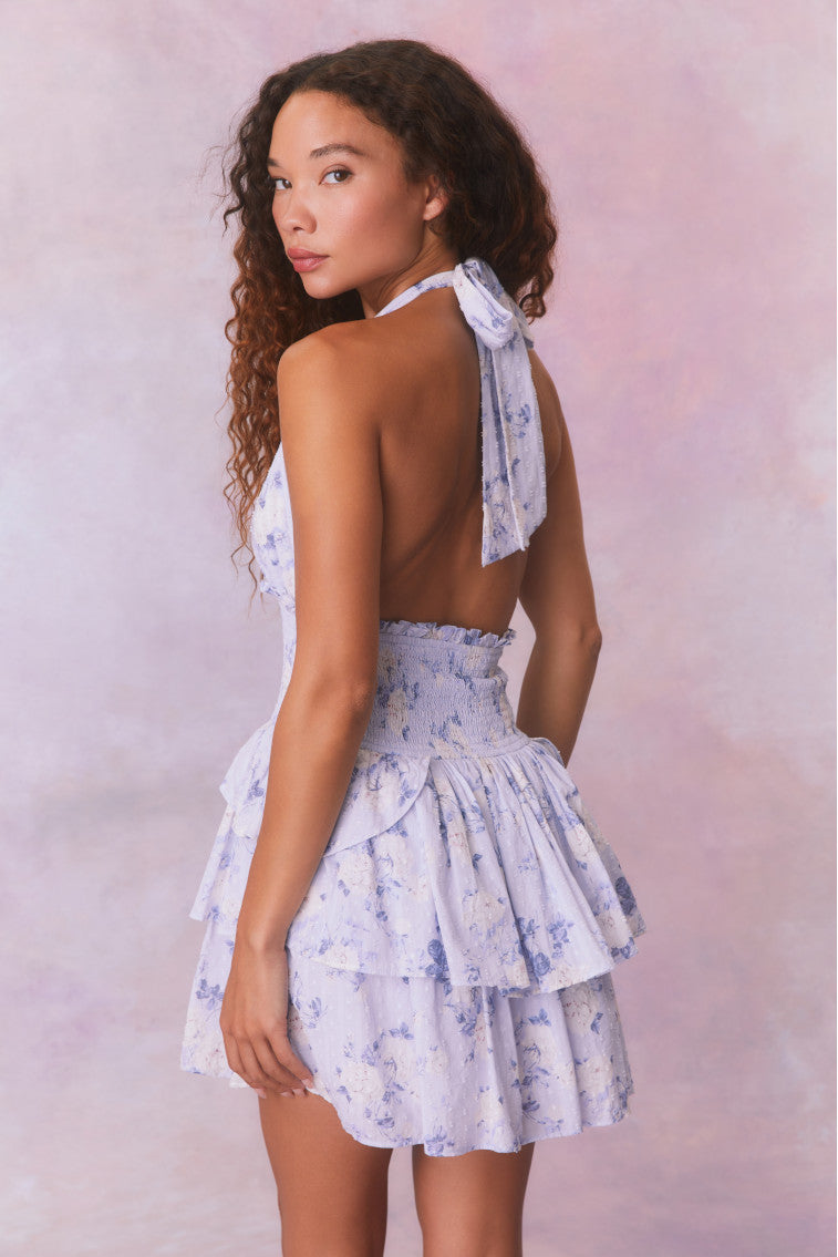 Deanna Floral Print Halter Mini Dress - Whisper Blue | Summer Beach Party, Date Night, Cocktail Dress for Women