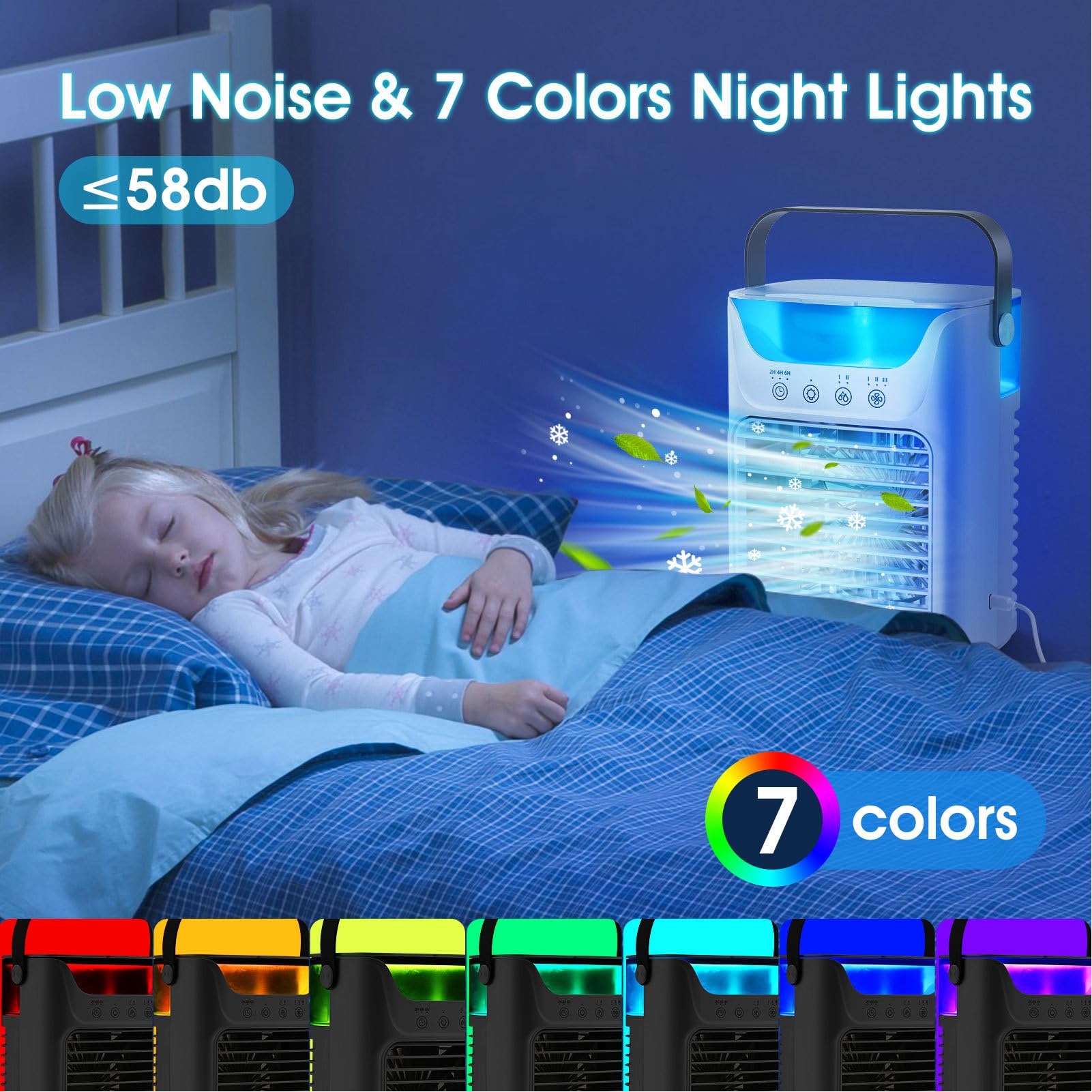 4-in-1 Portable Air Conditioner Fan with 700ML Evaporative Cooling, Touchscreen Control, 3 Speeds & Humidifier - 7 Color LED Lights, 2-6 Hour Timer - Perfect for Bedroom, Office, and Small Spaces Cooling