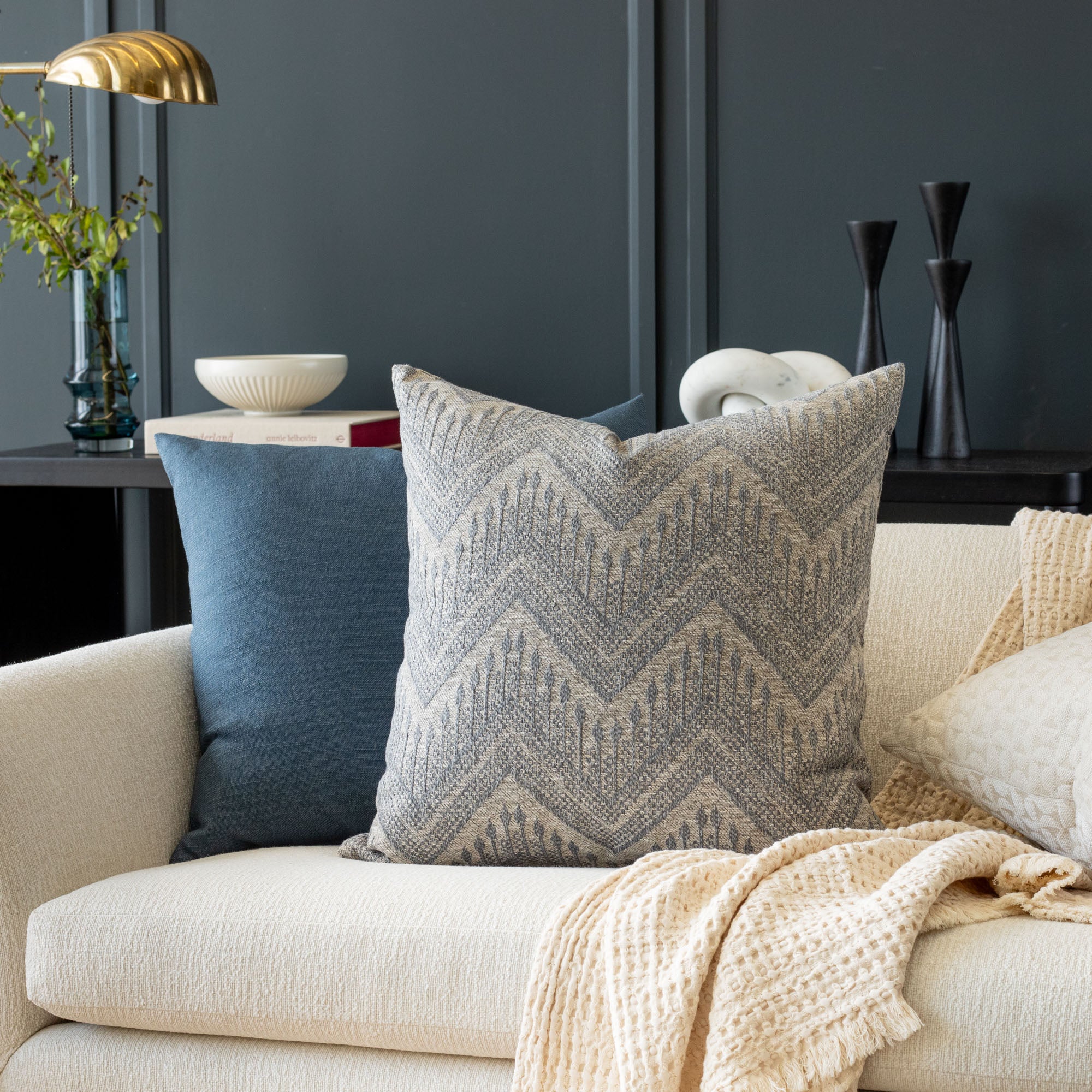 Joyce 22x22 Inch Decorative Throw Pillow Cover - Soft Denim Blue Cushion for Sofa, Bed & Home Decor