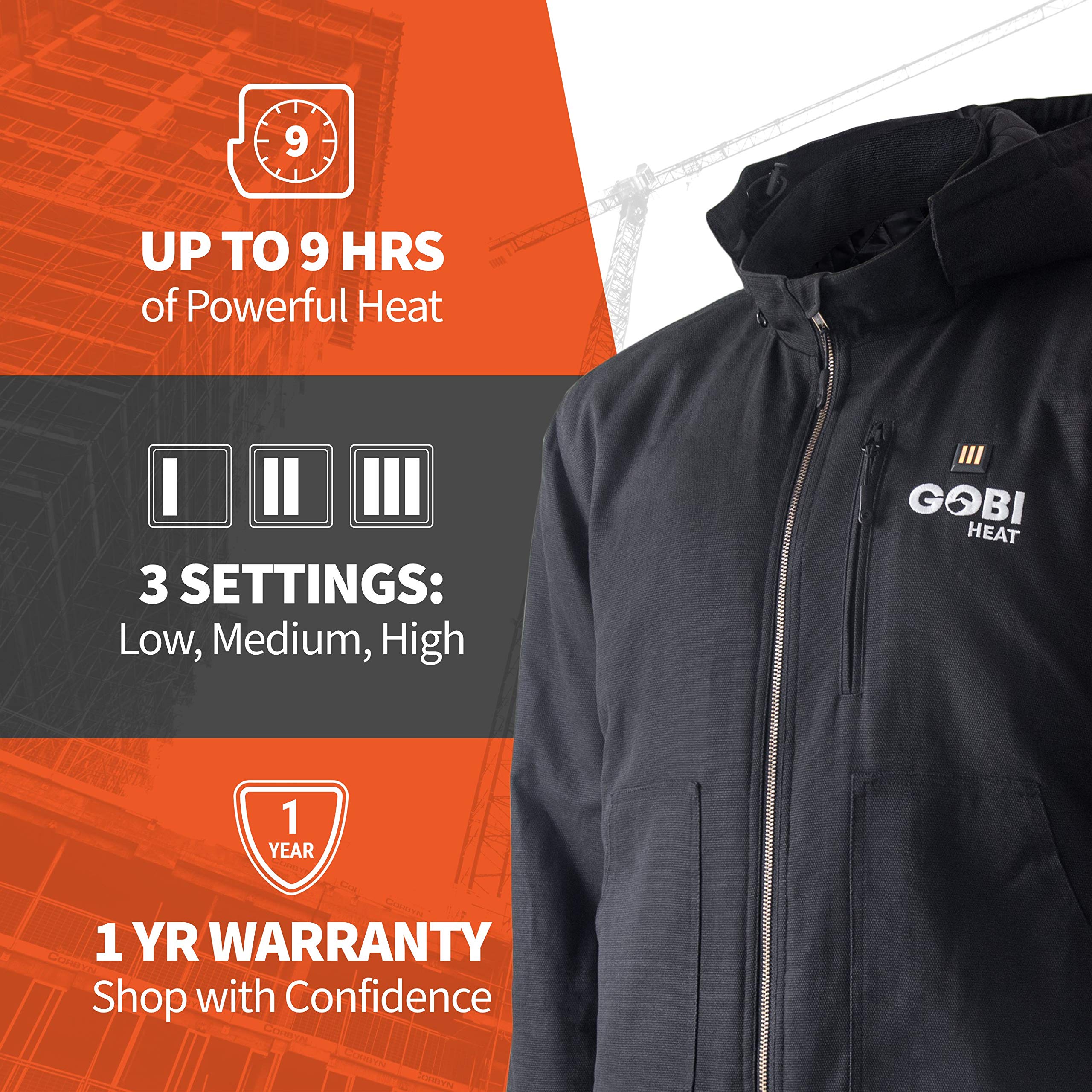 Grit Men's Heated Work Jacket with 9-Hour Heating | Rechargeable Battery & Charging Cable Included | 3 Adjustable Heat Settings | Perfect for Outdoor Work, Winter Sports & Cold Weather Activities