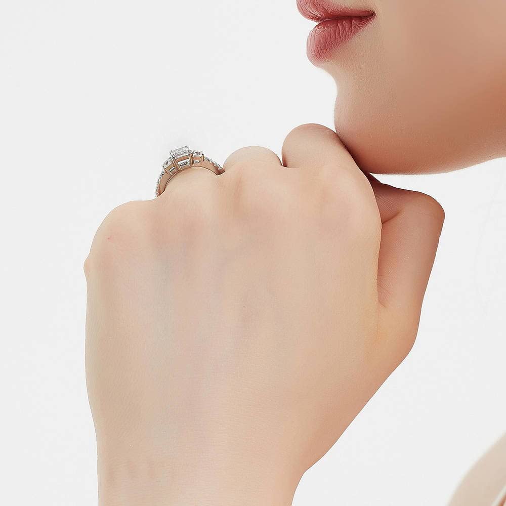BERRICLE Sterling Silver 3-Stone Wedding & Engagement Ring - 1 Carat Emerald Cut Cubic Zirconia CZ Promise Ring for Women, Rhodium Plated (Size 4-10) - Perfect for Proposals, Anniversaries & Special Occasions