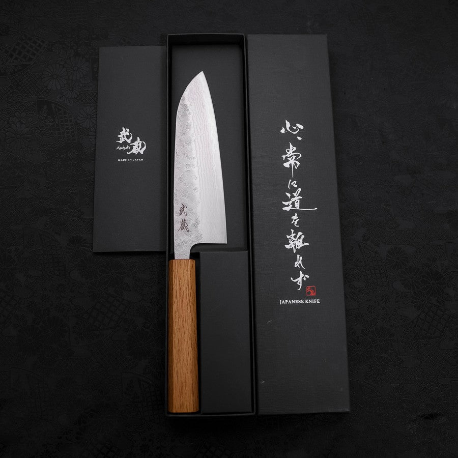 Premium 440C Santoku Knife - Nashiji Damascus Blade with Oak Handle - 165mm Japanese Kitchen Knife for Slicing, Dicing & Chopping Vegetables, Meat & Fish