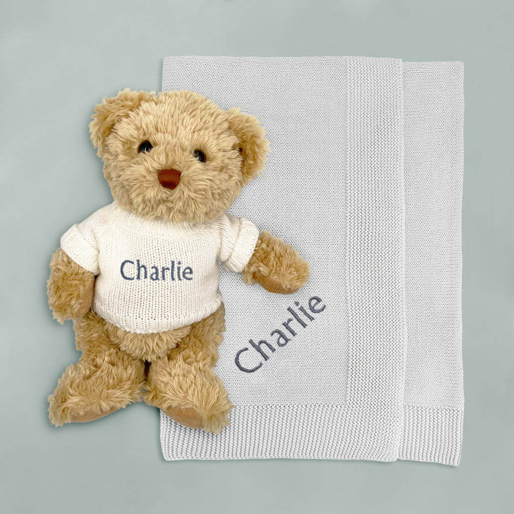 Personalized Grey Bertie Bear Plush Toy with Soft Blanket - Perfect for Gifts, Nursery Decor, and Cuddling