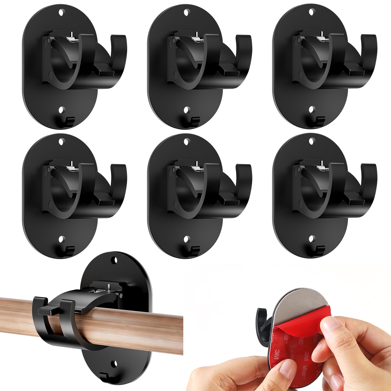 6 PCS No Drill Curtain Rod Brackets - Upgraded Self-Adhesive Adjustable Hooks for Bathroom, Bedroom, Living Room & Kitchen (Black) | Easy Installation, Damage-Free Hanging Solution for Curtains, Drapes & Sheers