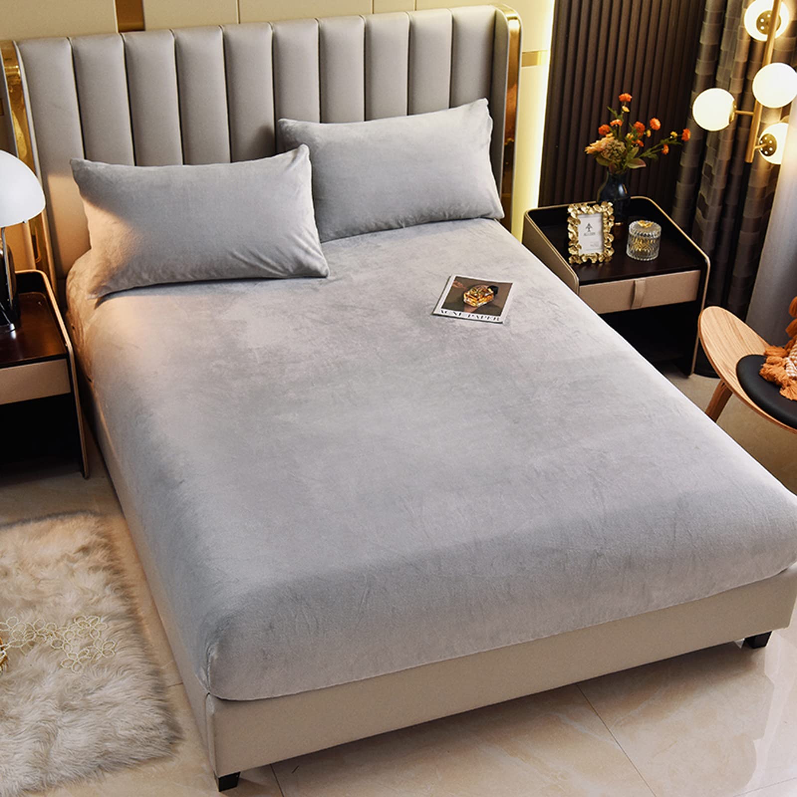 LweiPsqLin Queen Size Velvet Fitted Sheet - Super Soft Fleece Plush Mattress Protector Cover with 15