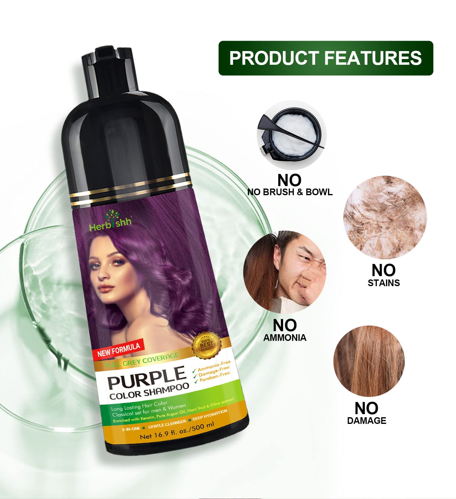 Herbishh Purple Hair Color Shampoo for Gray Hair - 500ml with Hair Thickening Serum Trio | Vegan, Lightweight Formula | Covers Grays & Adds Volume | Perfect for Home Hair Care & Salon-Quality Results