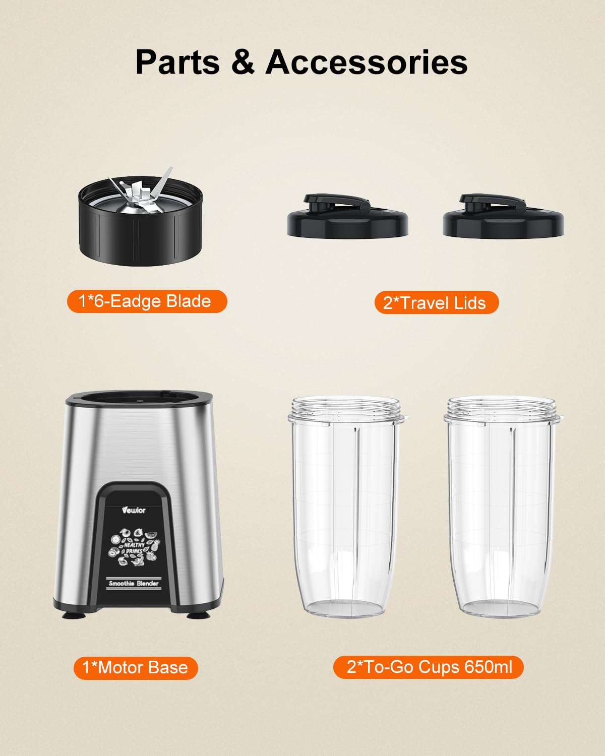 VEWIOR 900W Personal Blender for Shakes, Smoothies & Juices - High Power Kitchen Blender with 2 BPA-Free 22Oz Travel Cups - Perfect for Healthy Drinks, Protein Shakes & Meal Prep at Home, Gym or Office