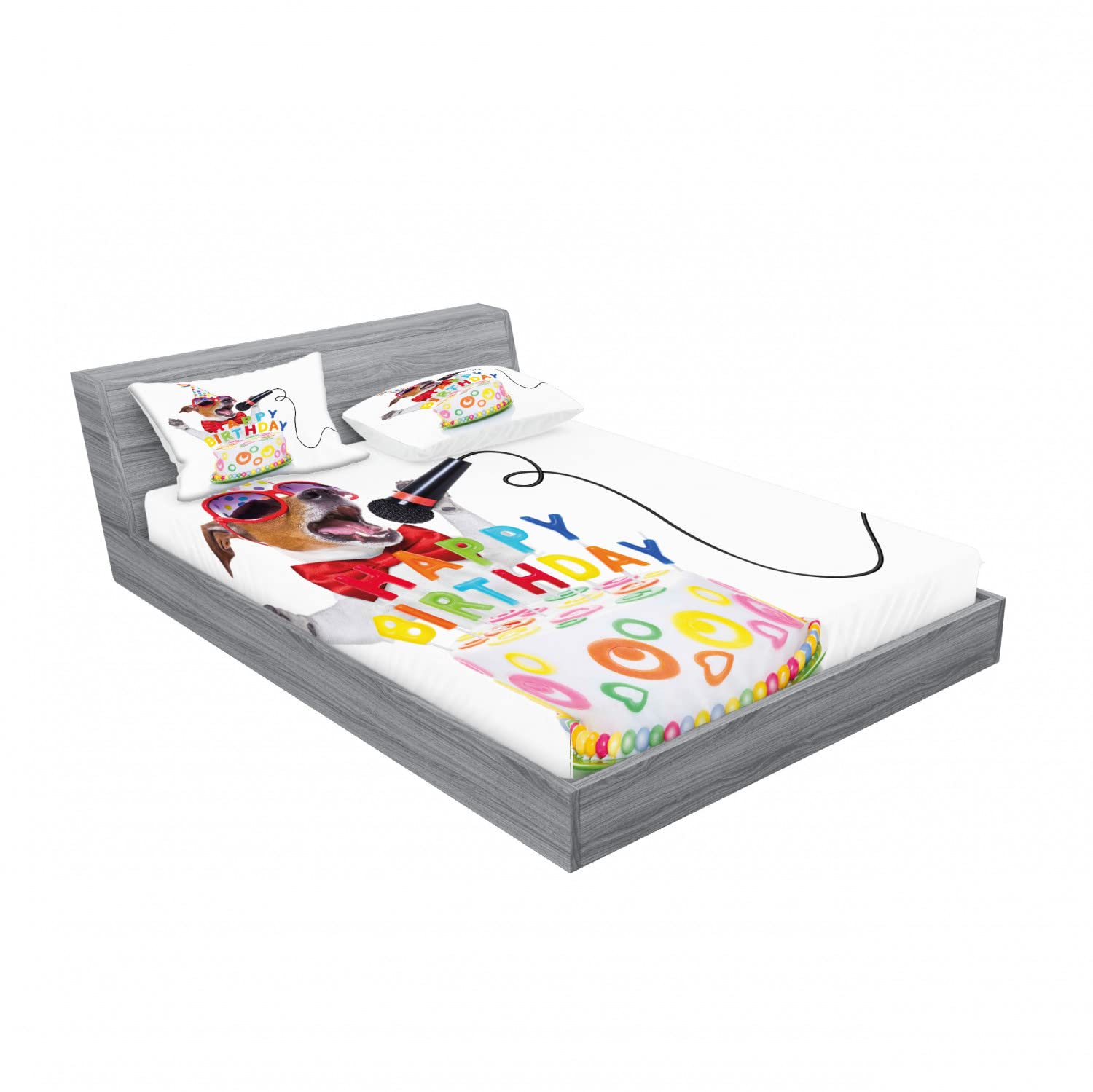 Ambesonne 2-Piece Birthday Party Bedding Set - Queen Size Fitted Sheet & 2 Pillow Shams - Fun Musical Dog Print for Kids Room Decor - Perfect for Birthday Celebrations, Sleepovers & Themed Bedrooms