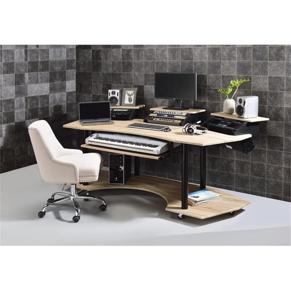 Pemberly Row Contemporary Wood Studio Music Recording Desk in Natural Oak - Professional Home Office Desk for Musicians, Producers & Audio Engineers - Perfect for Recording Studios & Home Music Production