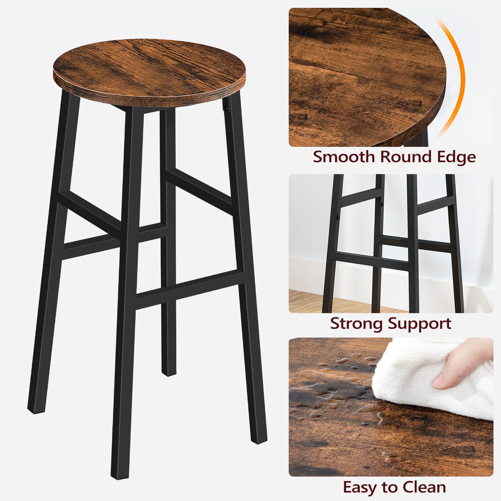Industrial Bar Stools Set of 2 - 28 Inch Round Kitchen Stools with Footrest, Rustic Brown Breakfast Counter Chairs for Dining Room & Kitchen - Easy Assembly Bar Height Stools for Home, Cafe & Restaurant Use